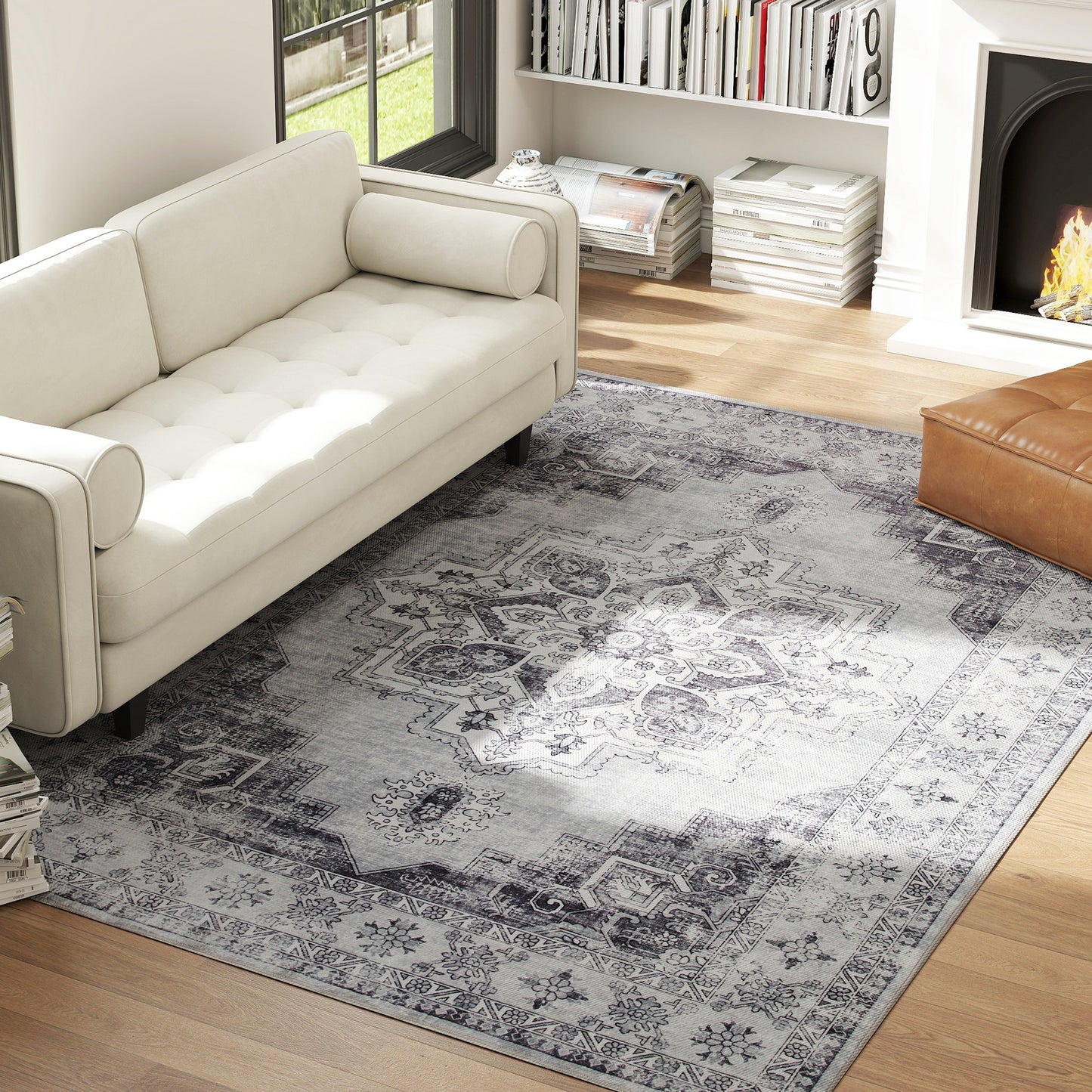 HOMCOM Vintage Area Rug Non Slip Washable Flannel Carpet For Living Room Bedroom Dining Room Home Office 290x200 Cm Grey