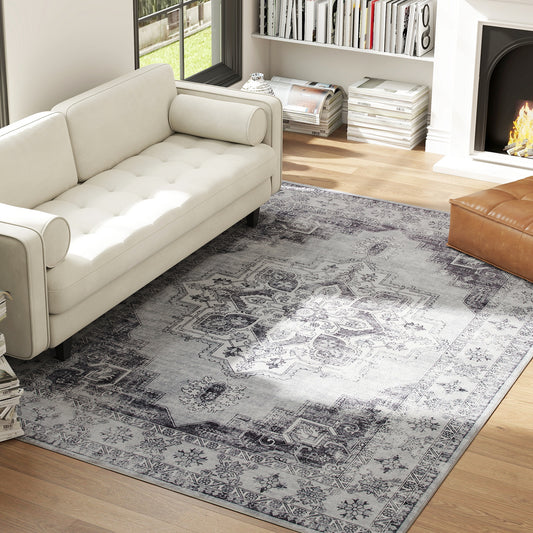 HOMCOM Vintage Area Rug Non Slip Washable Flannel Carpet For Living Room Bedroom Dining Room Home Office 290x200 Cm Grey