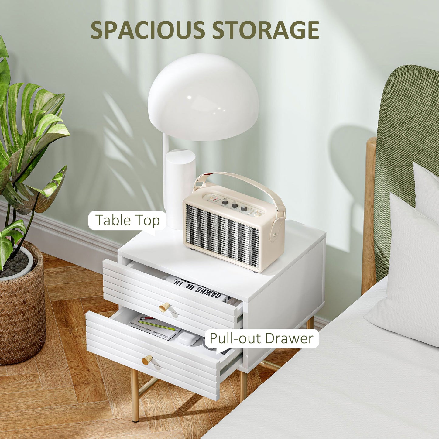 HOMCOM Set of Two Elegant Bedside Tables White and Gold Tone Finish with Two Drawers Nightstands