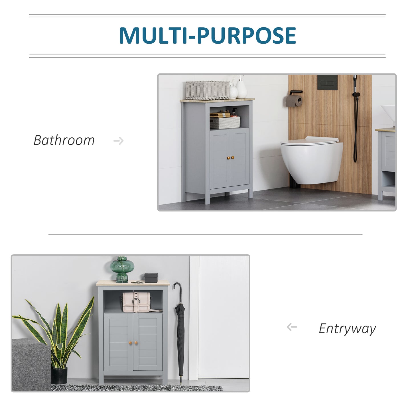 Kleankin Grey Bathroom Floor Cabinet Free Standing Cupboard With Double Doors And Adjustable Shelf