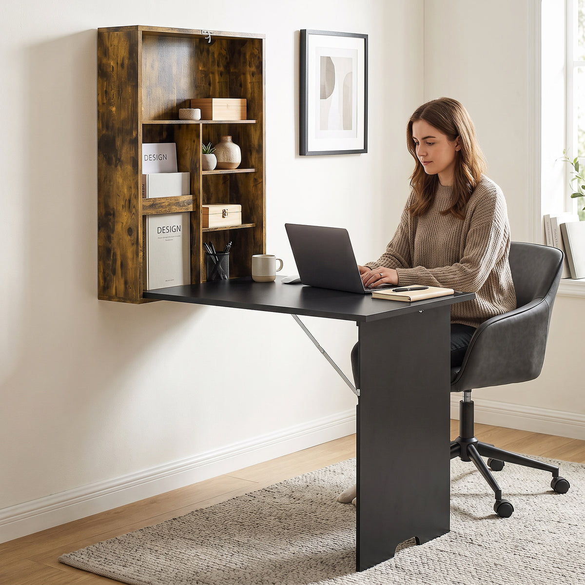HOMCOM Wall Mounted Folding Drop Leaf Table With Chalkboard And Storage Shelf