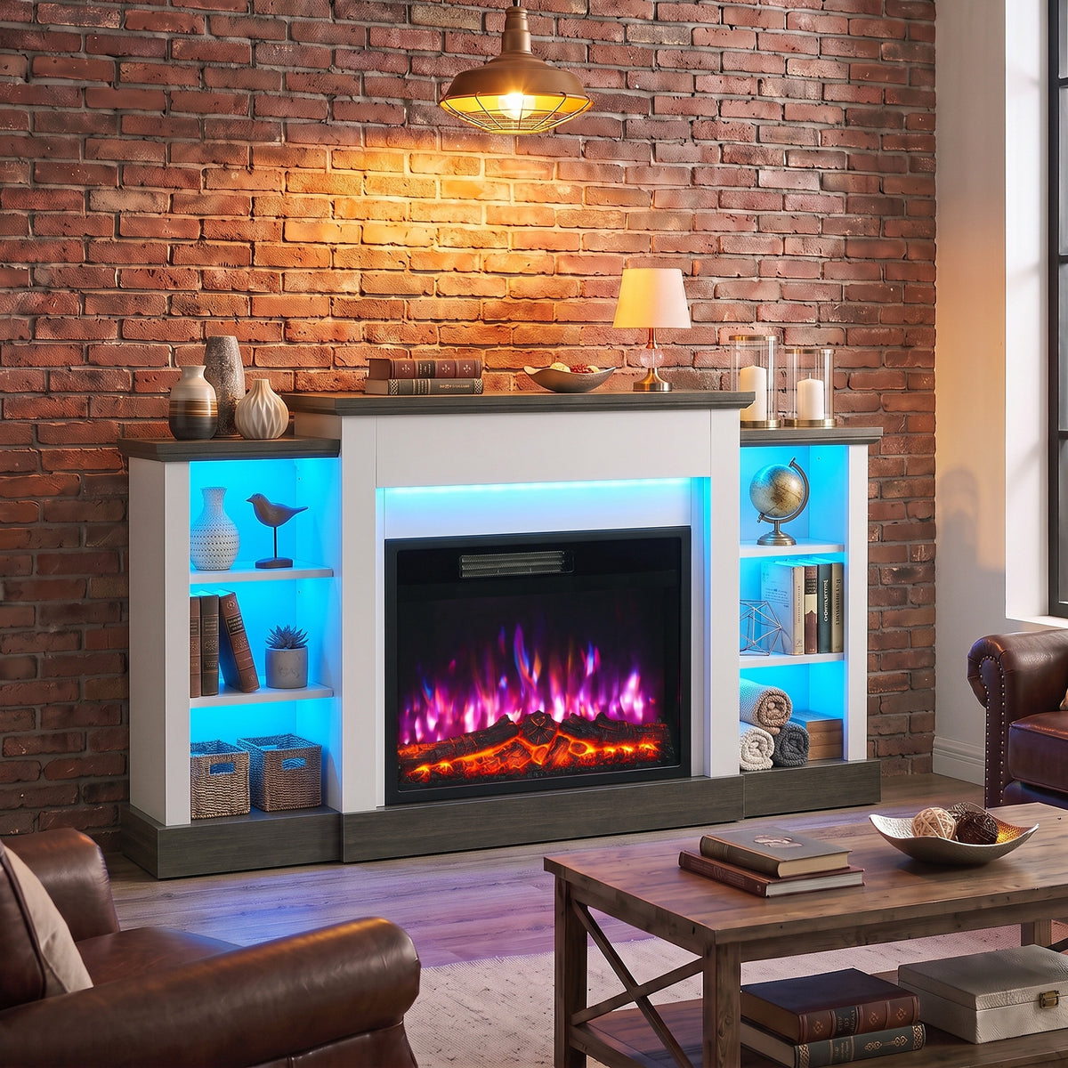 Electric fireplace TV stand with RGB LED shelf lights, dark cabinet and visible flame window
