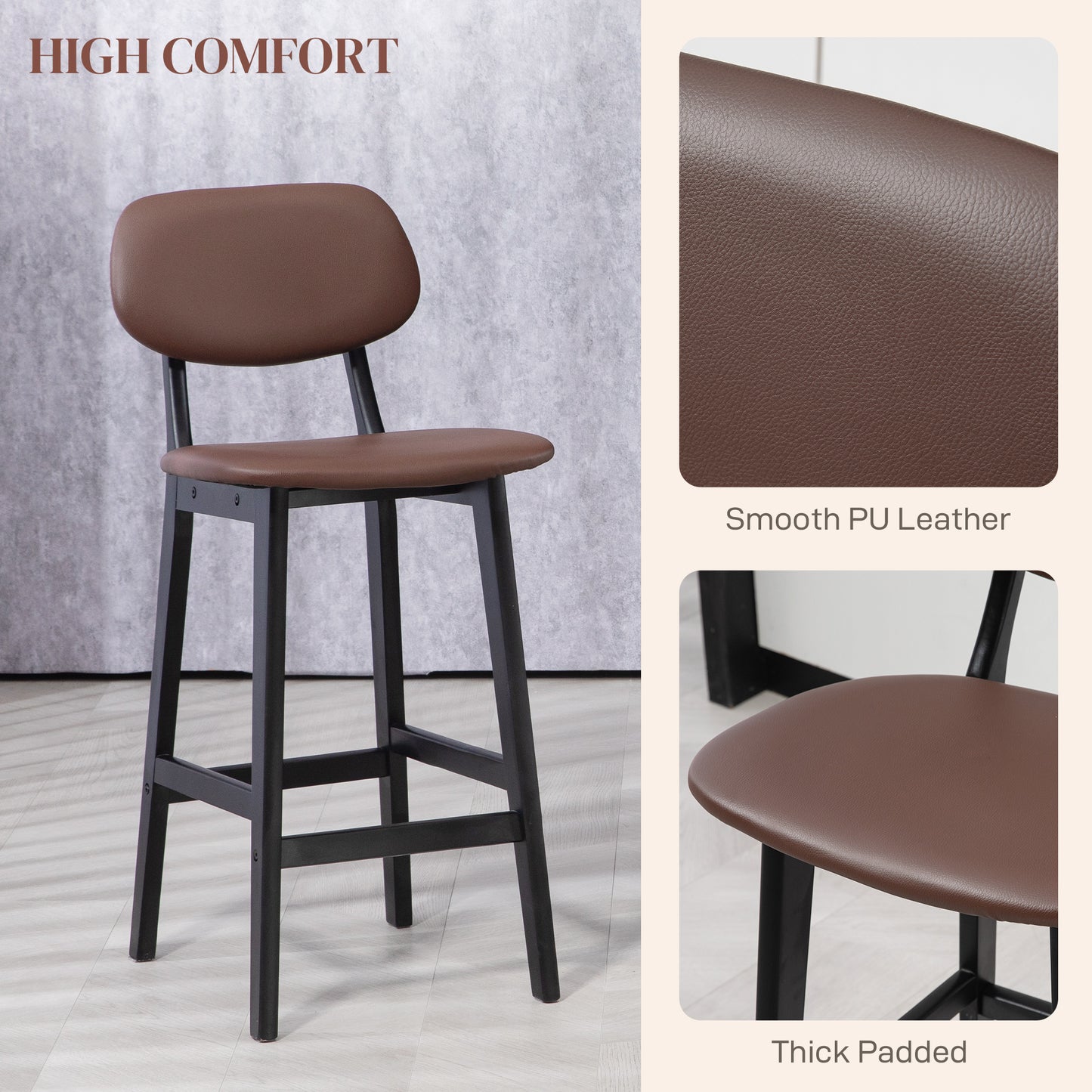 HOMCOM Set of 2 Modern Faux Leather Bar Stools with Wooden Legs and Back Support, Brown - ALL4U RETAILER LTD