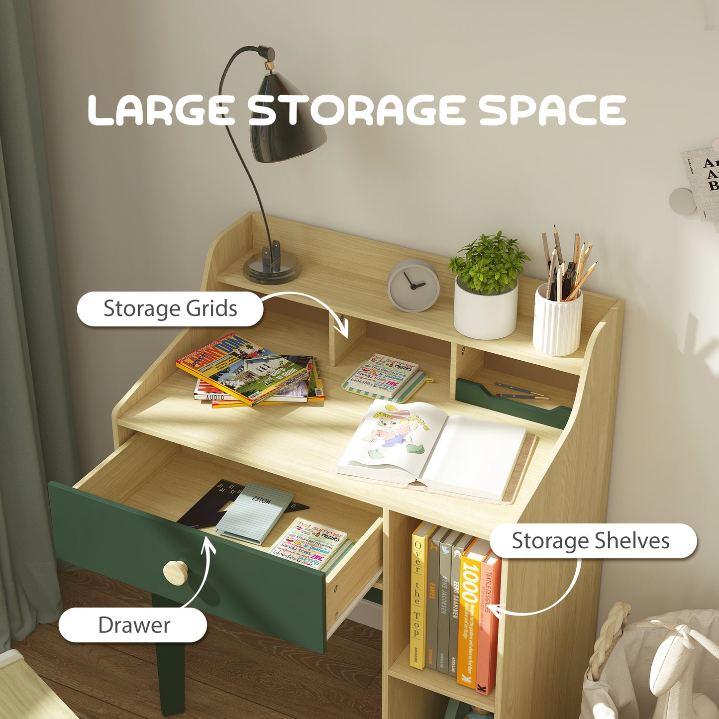 AIYAPLAY Kids Desk and Chair Set with Storage Shelves and Drawer in Green for Homework and Creative Play