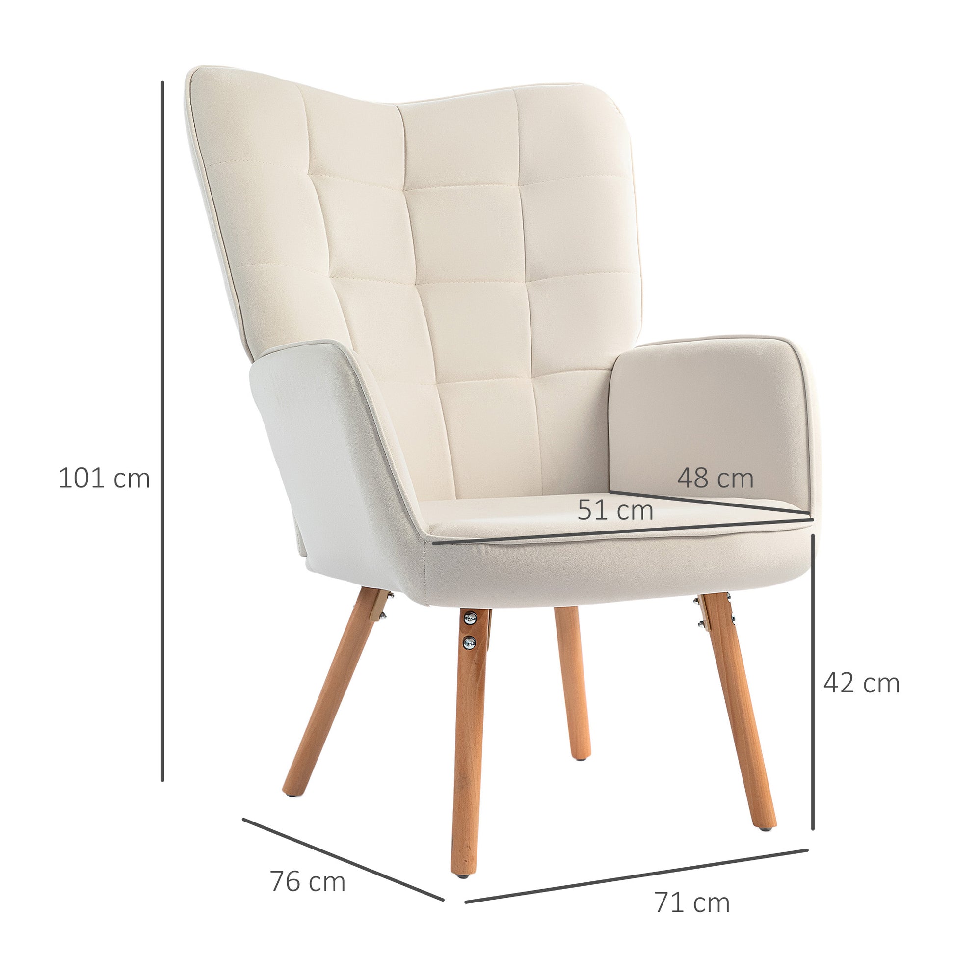 HOMCOM Contemporary Cream Velvet Wingback Accent Chair with Wooden Legs - ALL4U RETAILER LTD