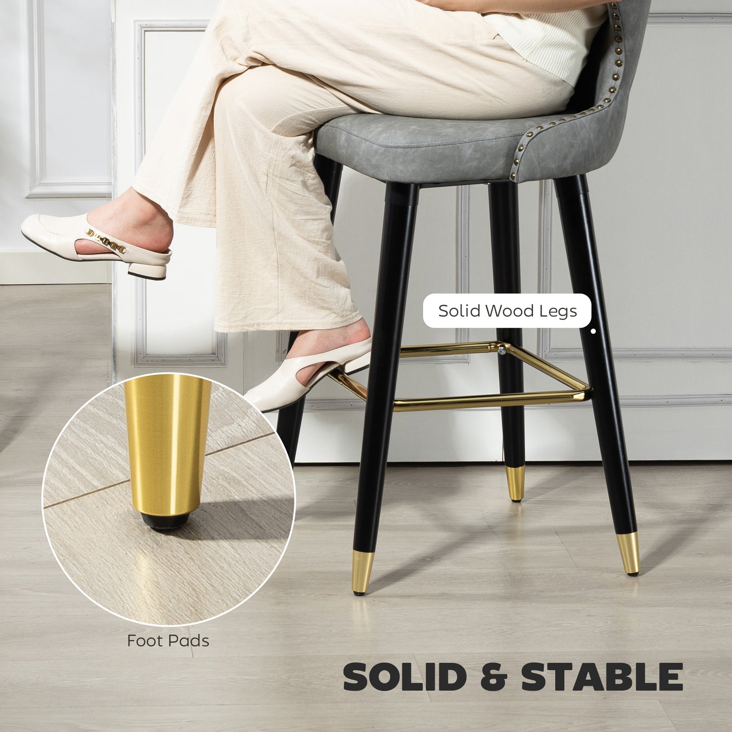 HOMCOM Bar Stools Set Of 2 PU Leather With Backrest Footrest And Wood Legs For Kitchen Counter Grey
