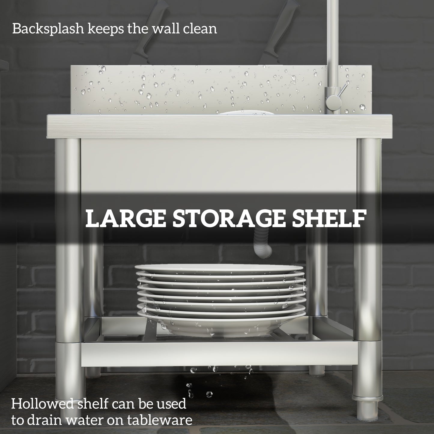 HOMCOM Outdoor Stainless Steel Utility Sink With Free Standing Single Bowl And Storage Shelf Hot And Cold Water