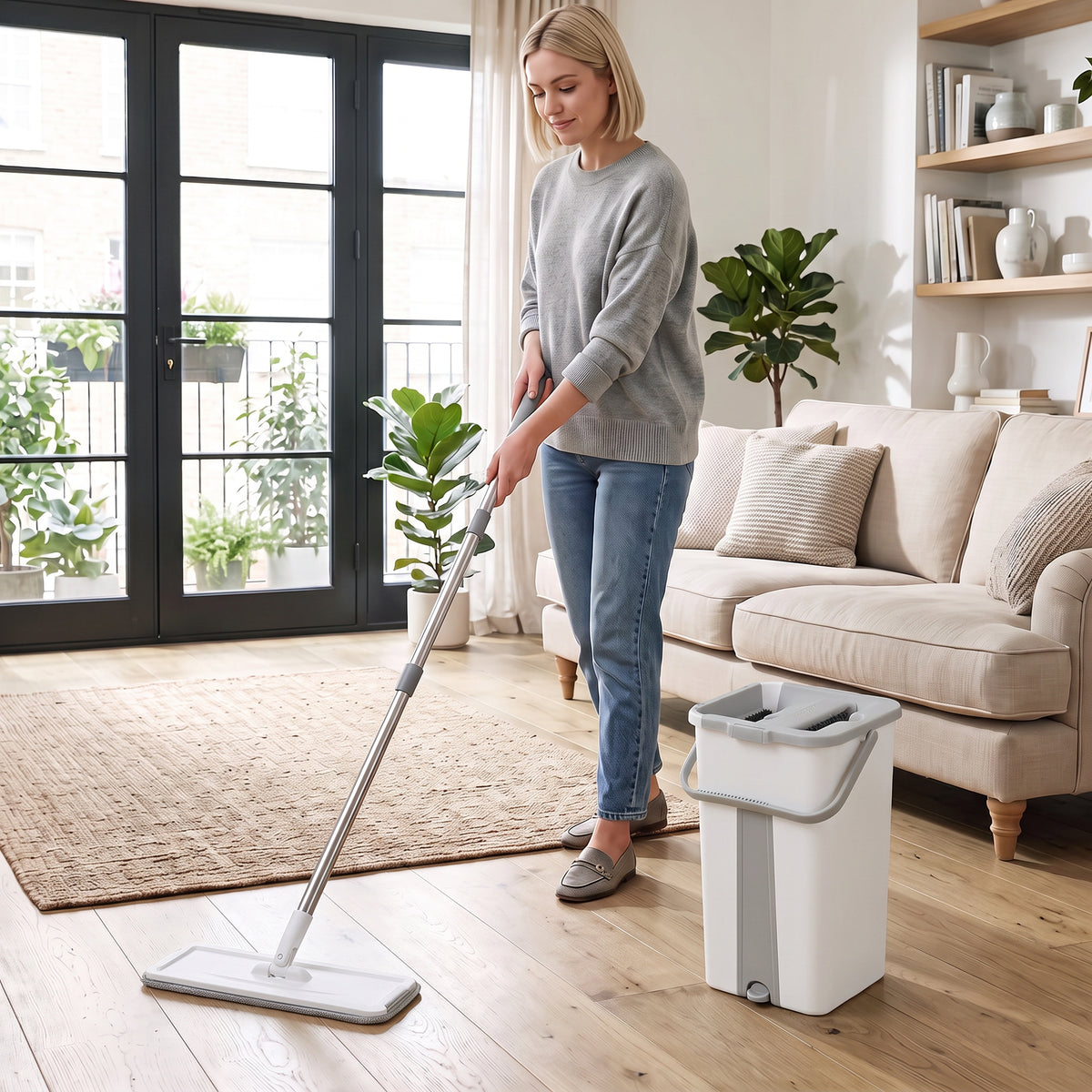 Flat mop and wringer bucket set cleaning hardwood floor near couch