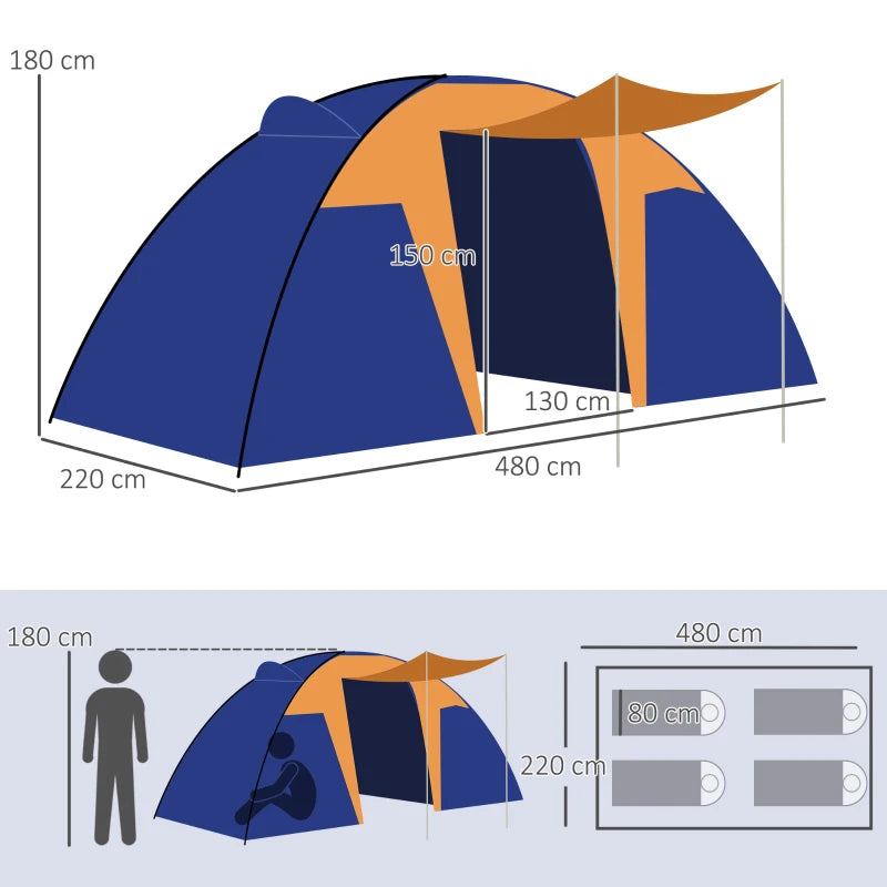 Outsunny Camping Tent with 2 Bedrooms, Living Area, and Porch - 4-6 Person Large Tunnel Tent, 2000mm Waterproof, Portable with Bag - ALL4U RETAILER LTD