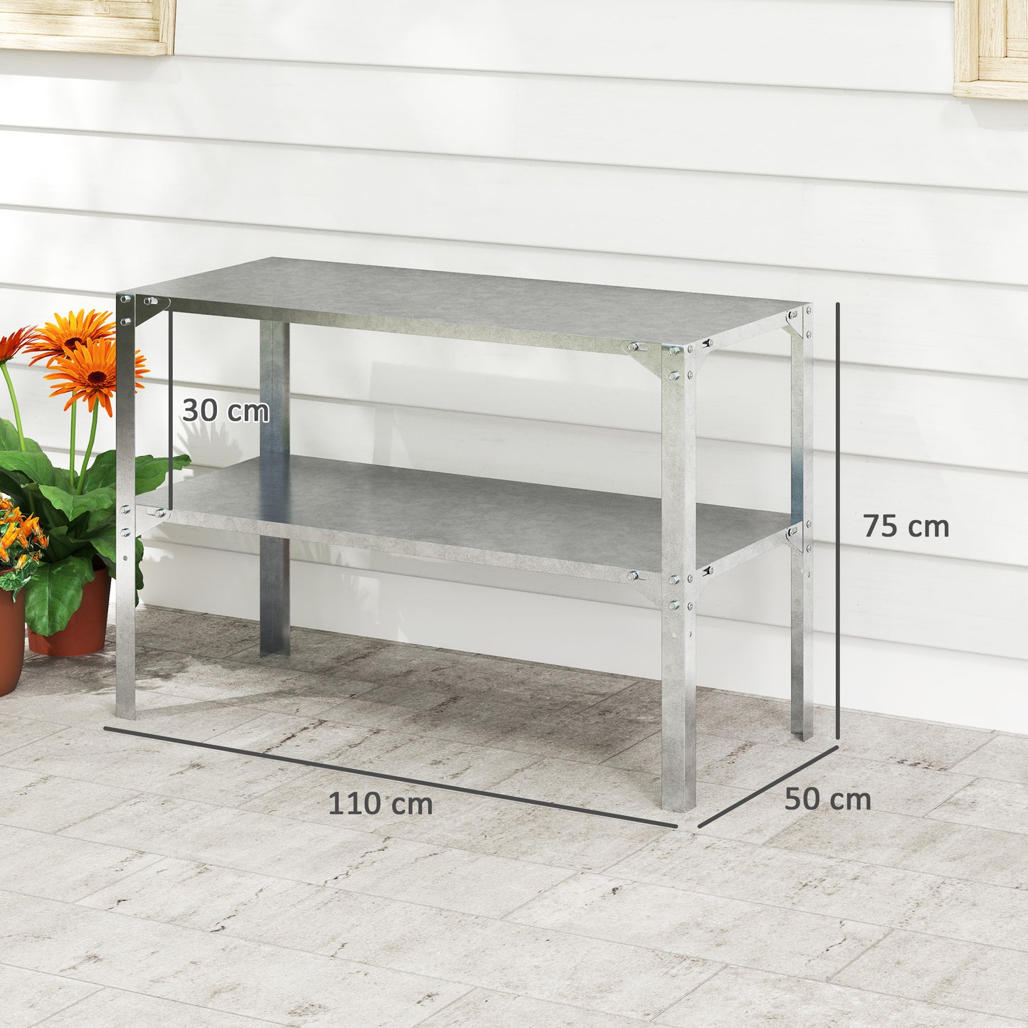 Outsunny Galvanised Steel Potting Bench 2 Tier Table With Storage Shelf For Outdoor Patio Greenhouse 110x50x75cm Silver