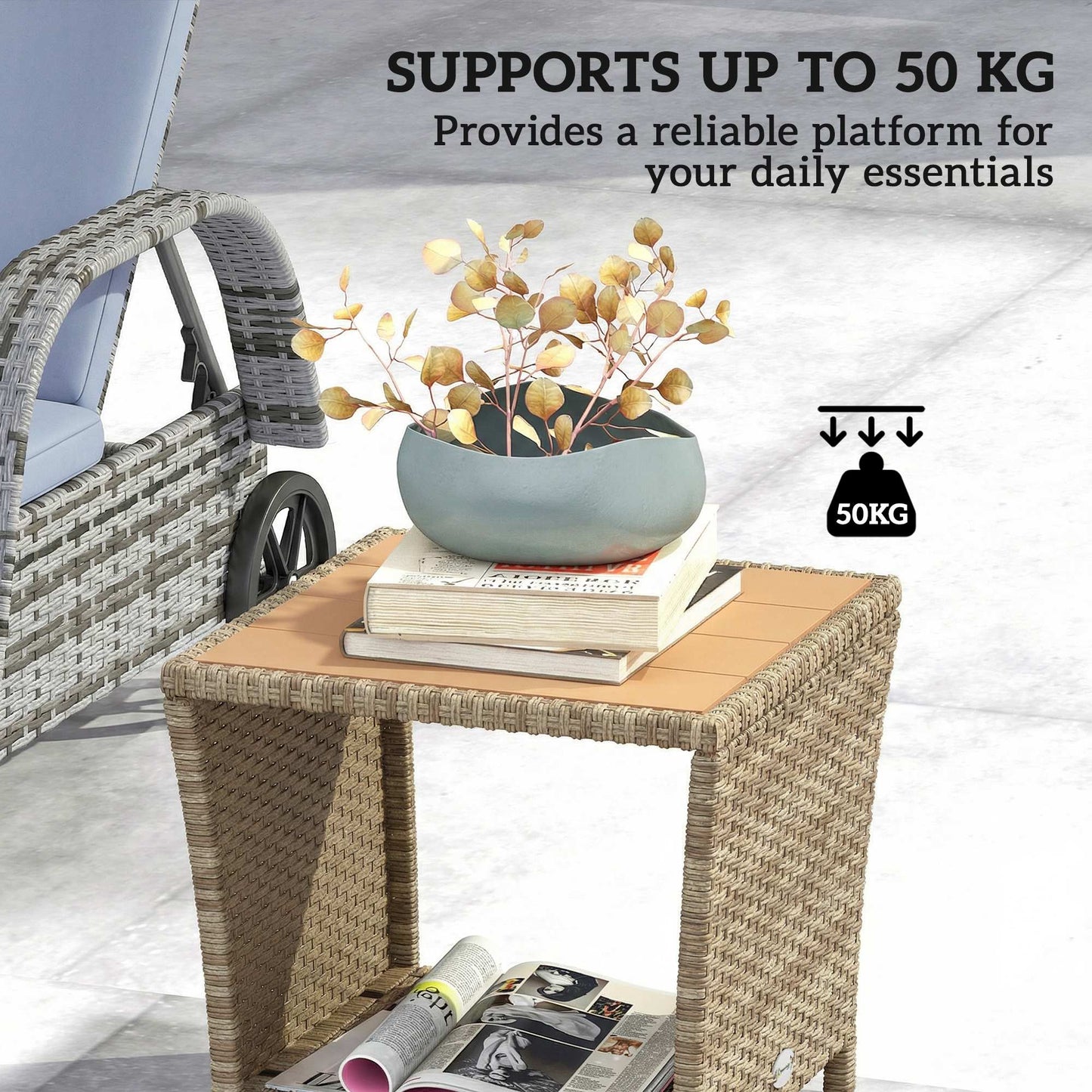 Outsunny Side Table 2 Tier Outdoor Coffee Table With Storage Shelf PS Wood Slat Top Khaki