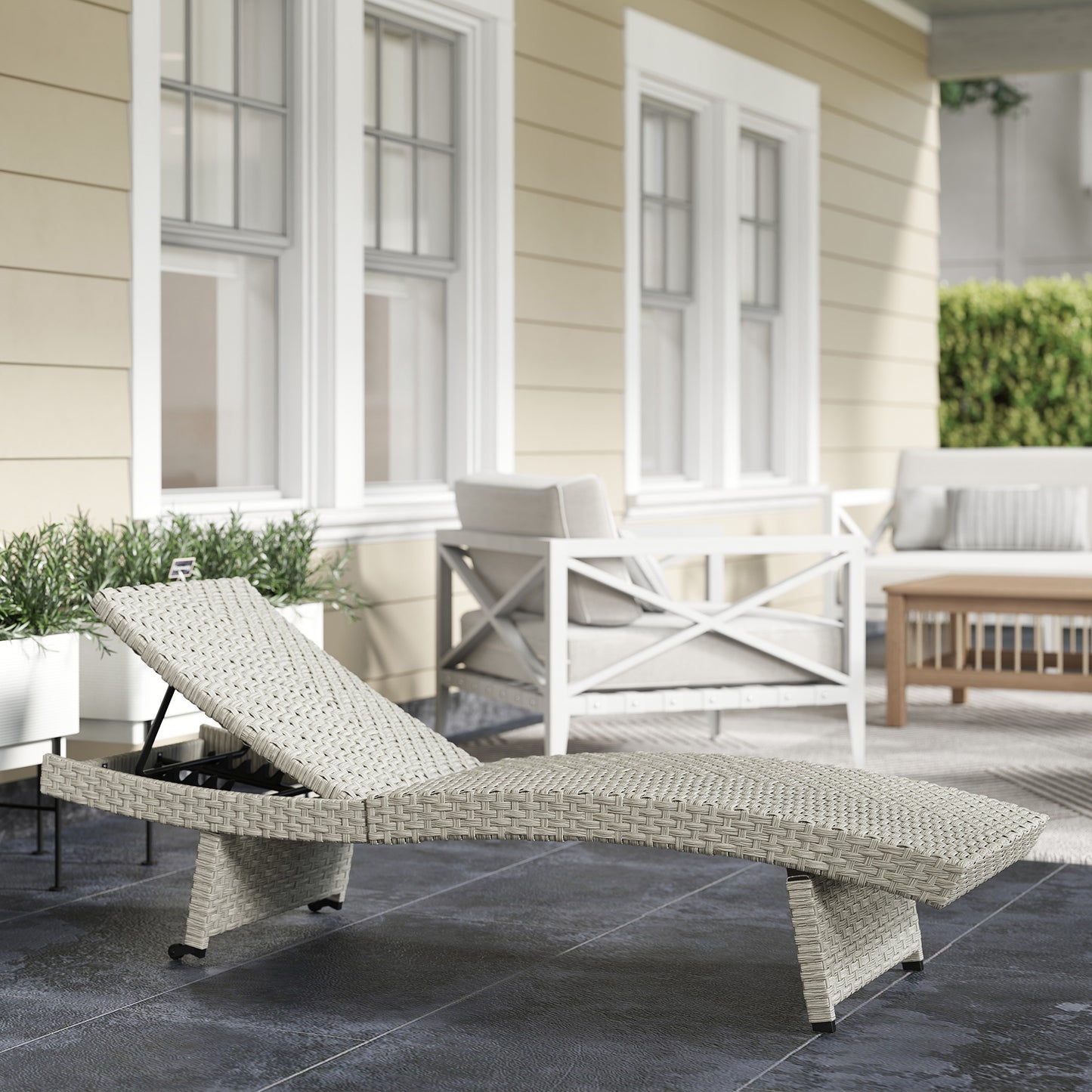 Outsunny Outdoor PE Rattan Sun Lounger Folding Wicker Recliner Four Level Adjustable Backrest With Wheels Grey