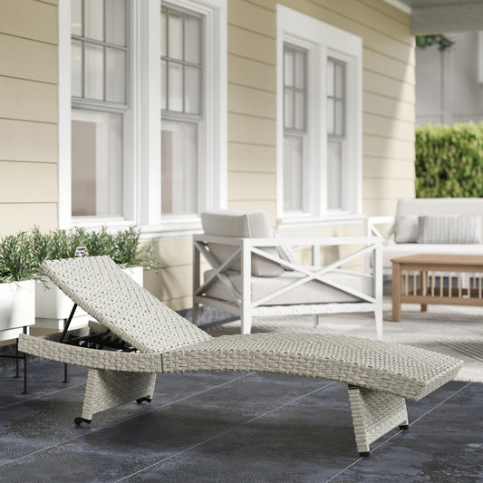 Outsunny Outdoor PE Rattan Sun Lounger Folding Wicker Recliner Four Level Adjustable Backrest With Wheels Grey