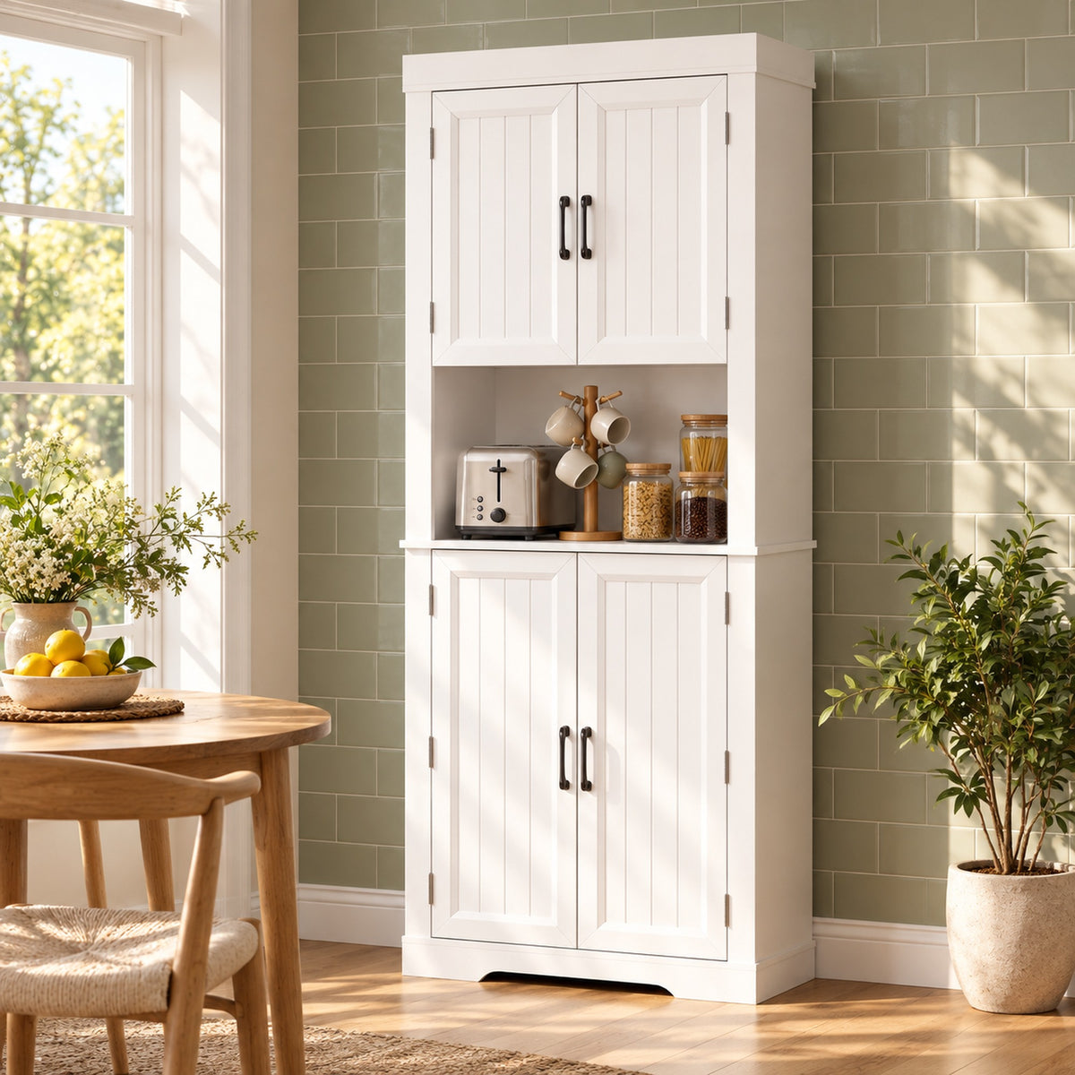 White tall kitchen cabinet with doors and open counter shelf, shown against a wall