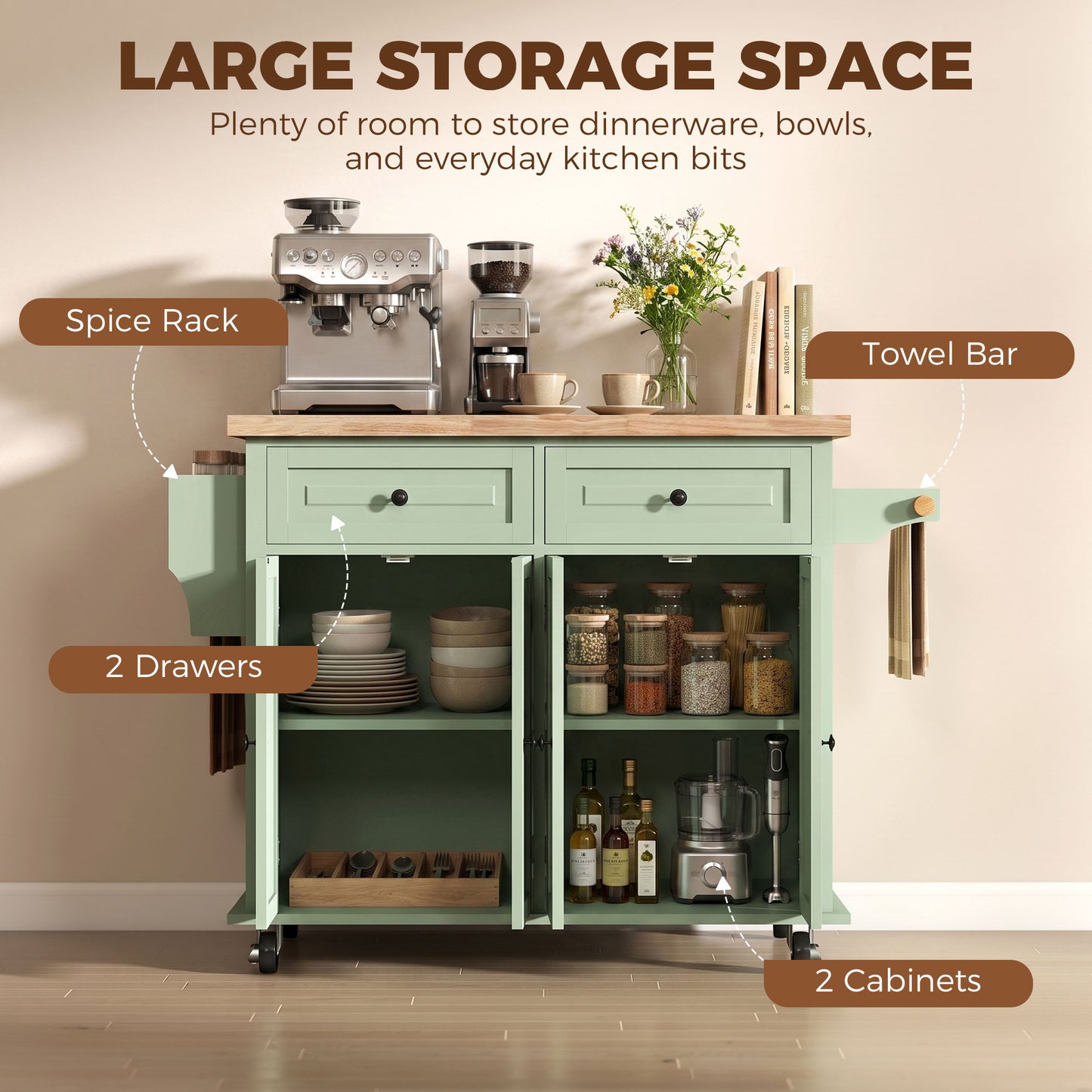 Homcom Rolling Kitchen Island Storage Cart With Rubber Wood Top Light Green