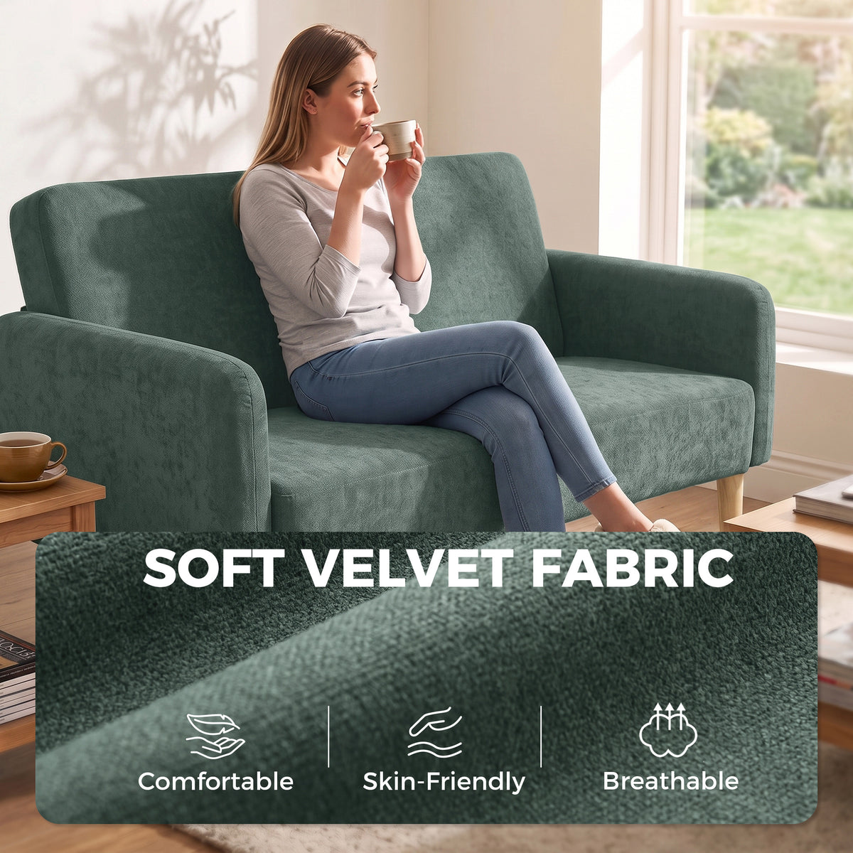 Homcom 2 Seater Velvet Sofa Small Couch With Thick Padding Dark Green