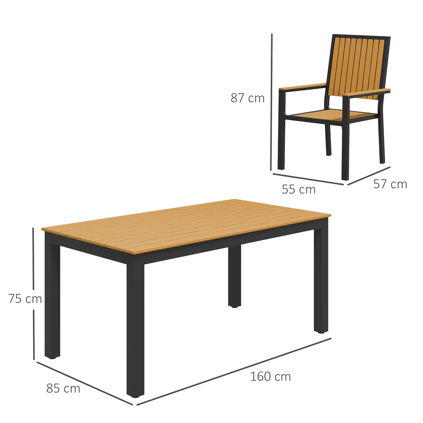 Outsunny 6 Seater Garden Dining Set With Aluminium Frame Rectangular Wood Plastic Composite Top And Stackable Chairs