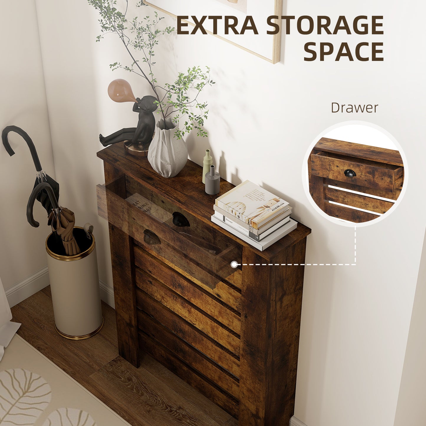 HOMCOM Slim Radiator Cover with Drawer Rustic Brown Slatted MDF and Particle Board