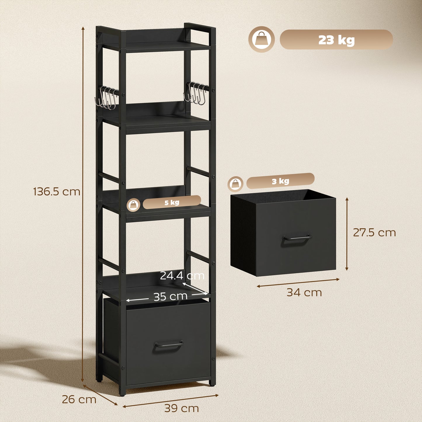 HOMCOM 4 Tier Narrow Bookshelf With Drawer And 8 Hooks Metal Frame Black Storage Display Shelving For Small Spaces