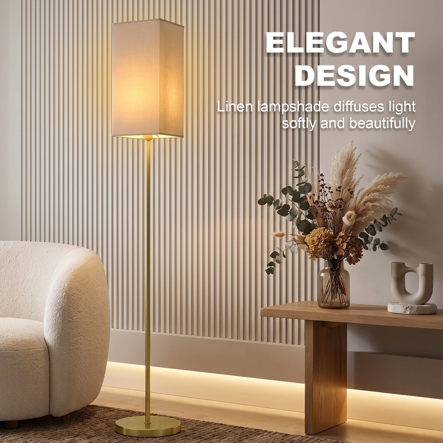 Modern Standing Floor Lamp With Faux Linen Shade And Foot Switch Gold