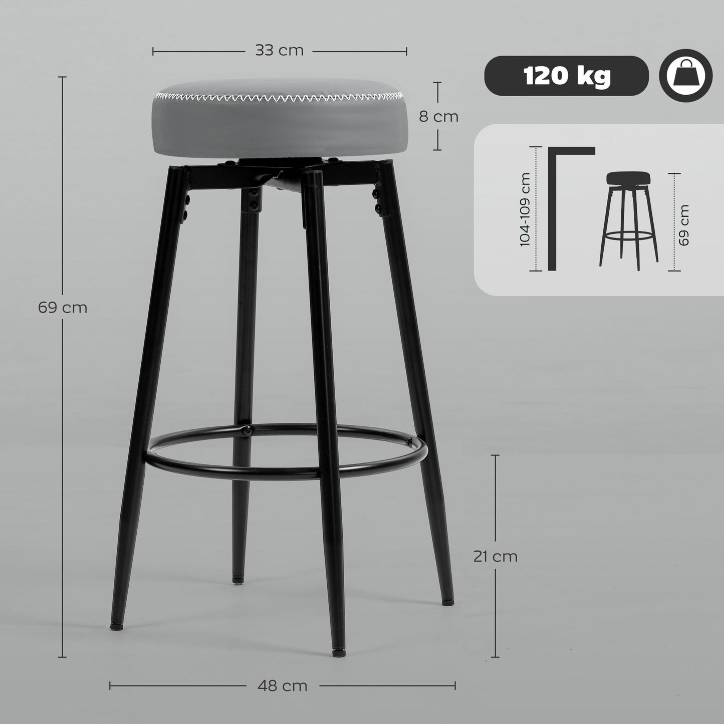 HOMCOM Set Of Two Faux Leather Bar Stools Grey And Black White Edge Stitching Cushioned 8 Cm Foam For Comfortable Dining