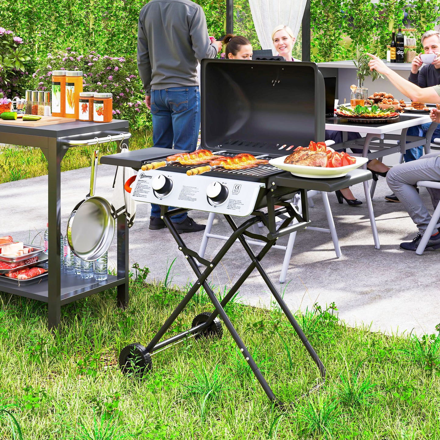 Outsunny Two Burner Portable Suitcase Gas Grill With Piezo Ignition And Side Tables Black
