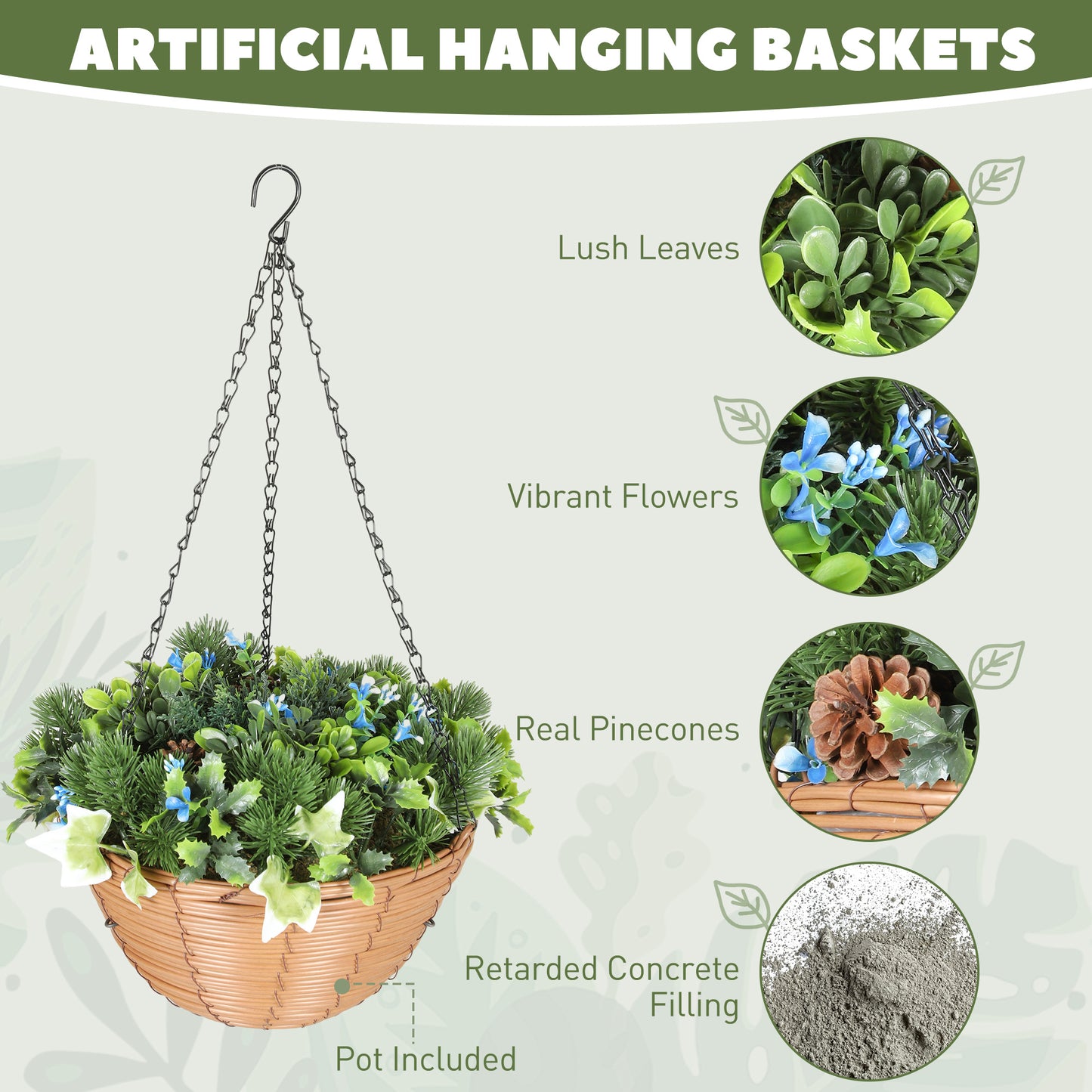 HOMCOM Pack of 2 Faux Lisianthus Flowers Hanging Planters with Basket PE Leaves 18 Flowers and 3 Pinecones