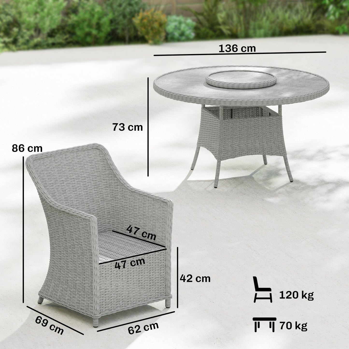 Outsunny Rattan Garden Dining Set With Turntable Marble Effect Glass Round Table And Aluminium Frame Chairs Grey