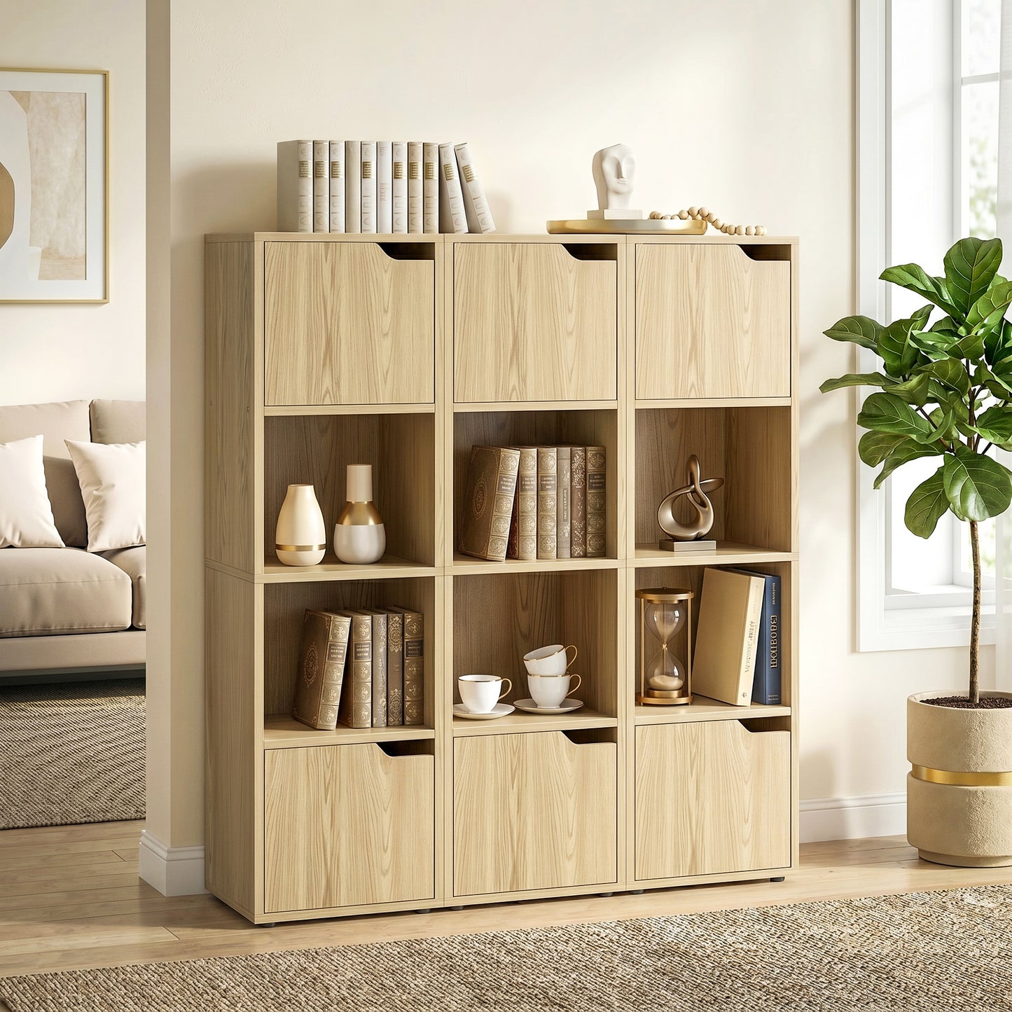 HOMCOM Narrow 4 Tier Bookcase With Doors Oak Finish For Living Room And Bedroom Storage Cabinet