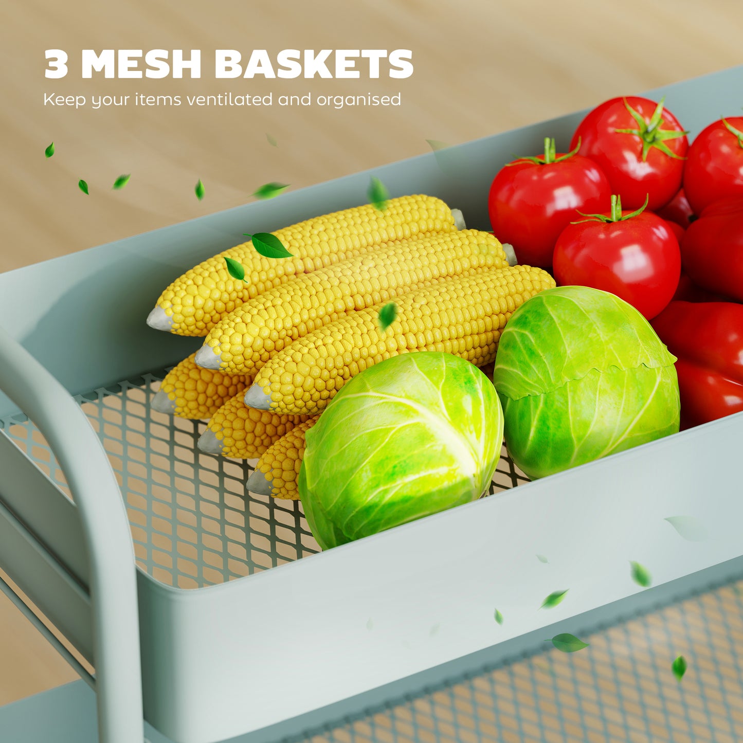 HOMCOM 3 Tier Storage Trolley On Wheels Rolling Utility Cart With Mesh Baskets For Kitchen Bathroom Bedroom Light Green
