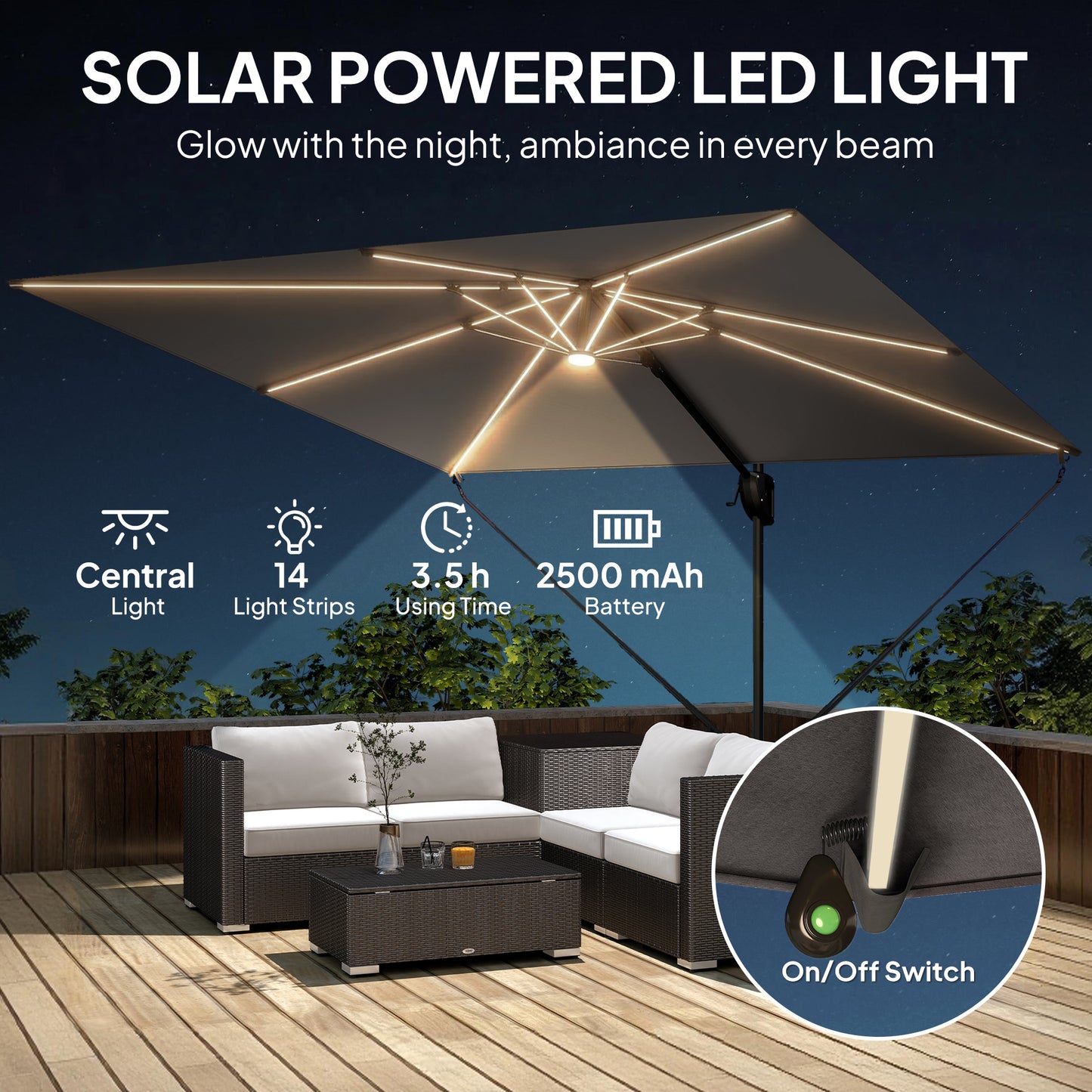 Outsunny 3x3m Garden Cantilever Parasol With Light And Cover UPF50 Plus Wind Protection 360 Degree Rotation Dark Grey