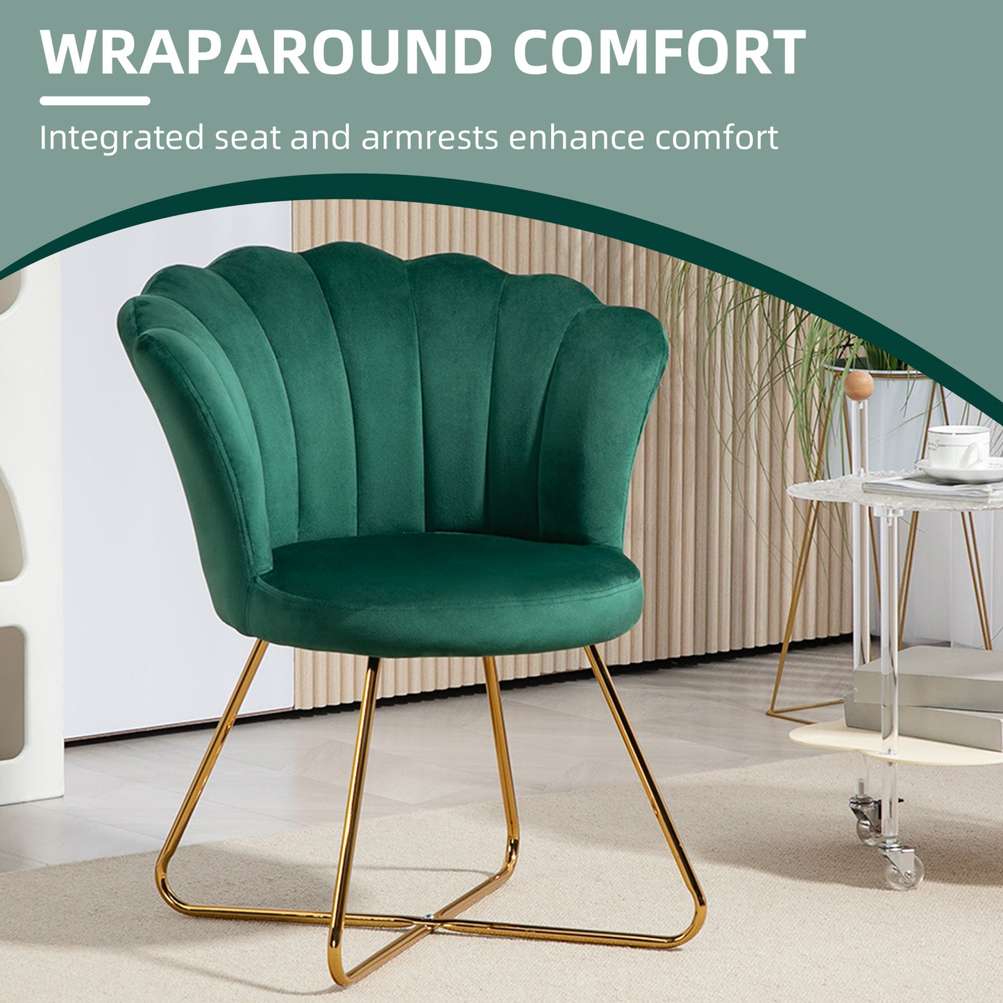 HOMCOM Velvet Feel Lotus Petal Accent Chair Green With Plush Sponge Cushion And High Back Support