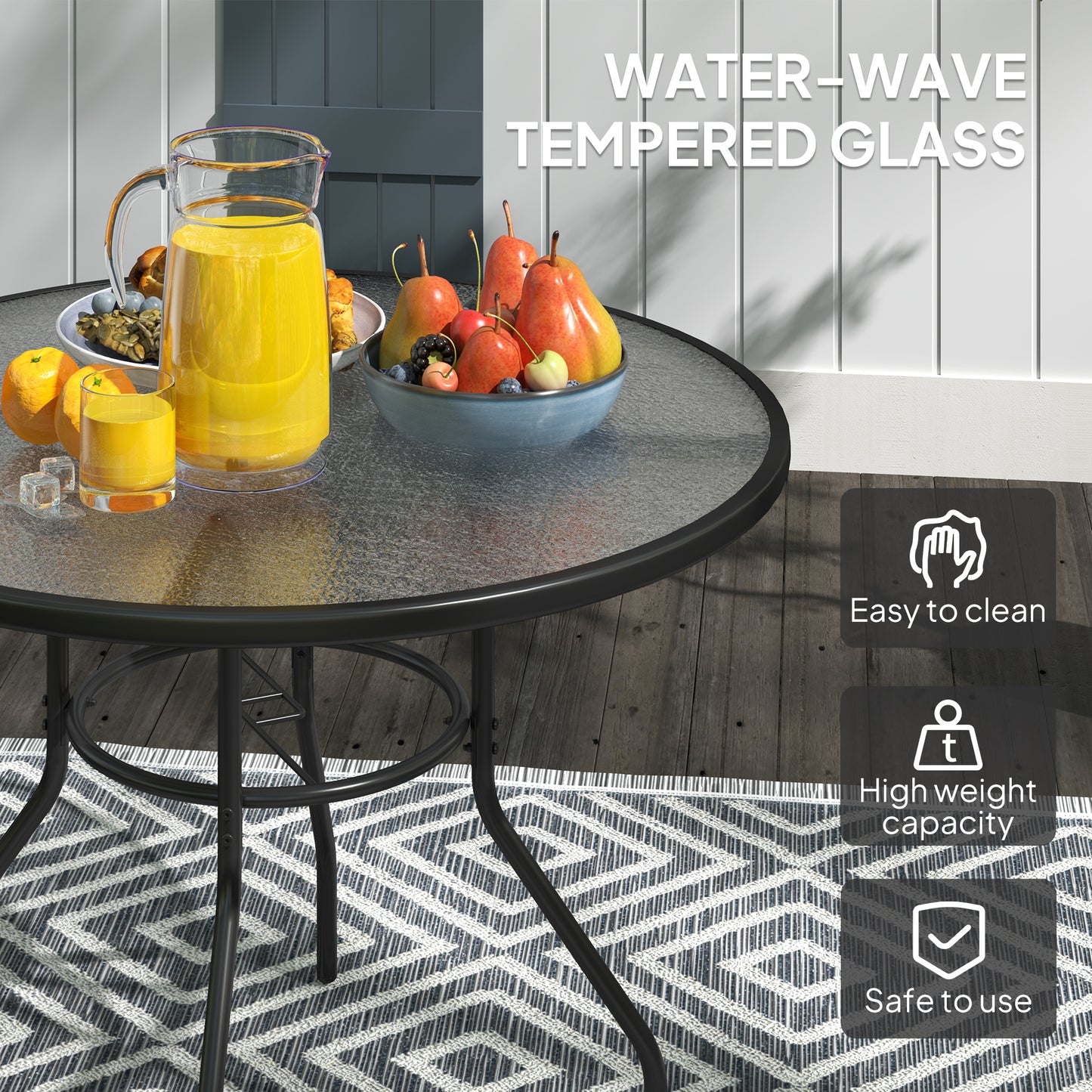 Outsunny Glass Top Outdoor Garden Table with Parasol Hole Black Steel Frame Tempered Glass Bistro Table for Patio