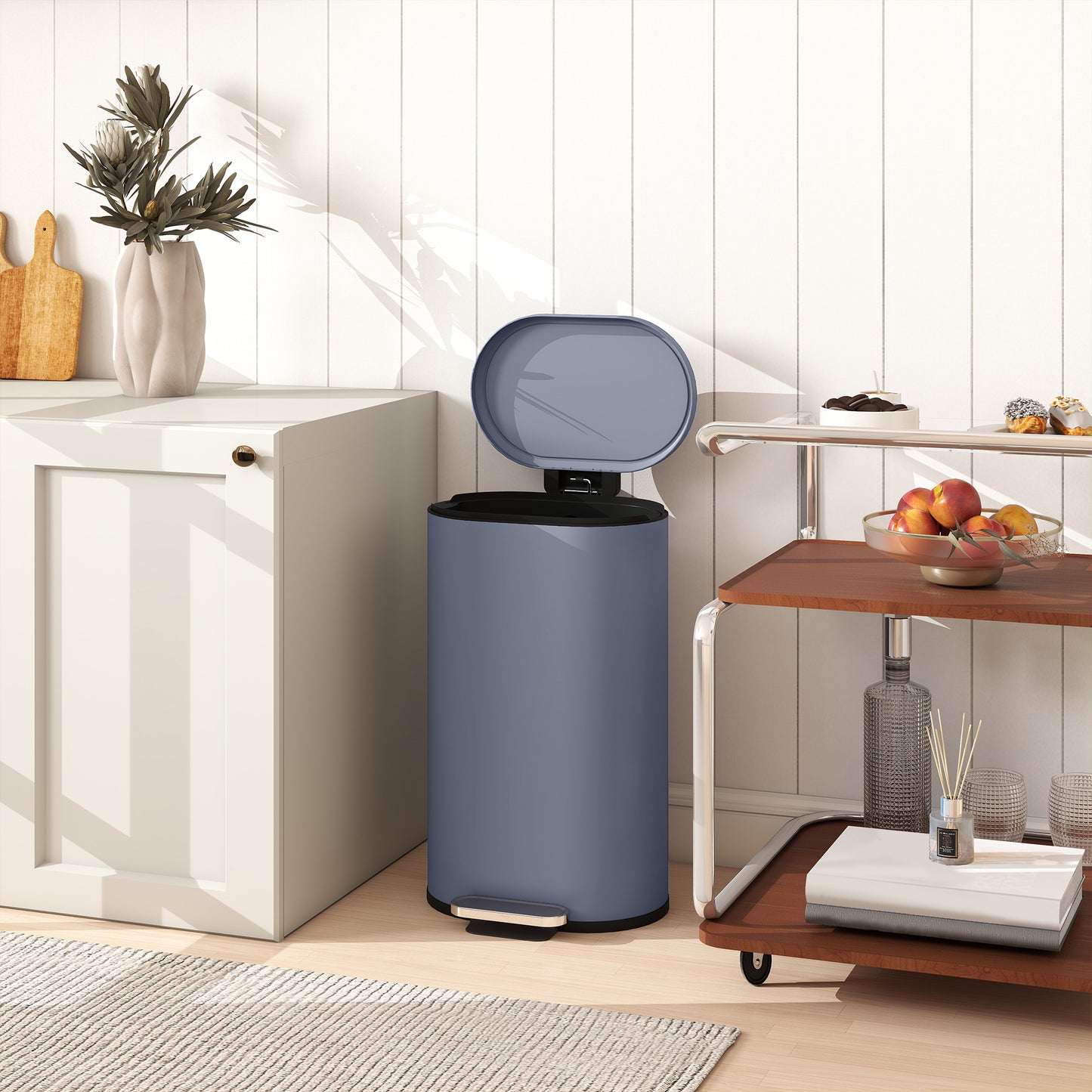 HOMCOM 30 L Modern Curved Kitchen Bin With Silent Soft Close Lid Grey Finish Fingerprint Resistant Metal Pedal Operated