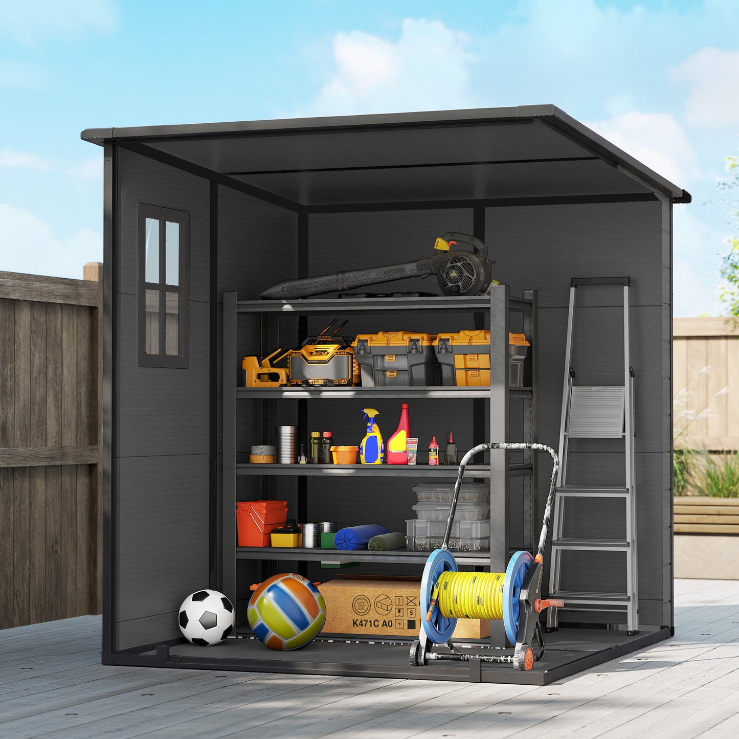 Outsunny 6x6 ft Plastic Garden Shed Wood Effect Outdoor Storage With Floor Windows Ventilation Lockable Doors Dark Grey