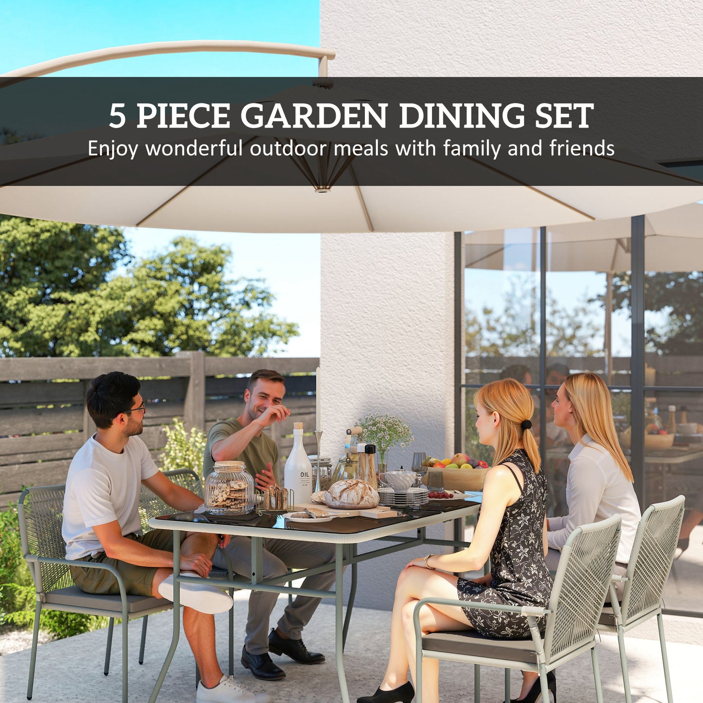 Outsunny Five Piece PE Rattan Outdoor Garden Dining Set with Cushions and Stackable Chairs Light Grey