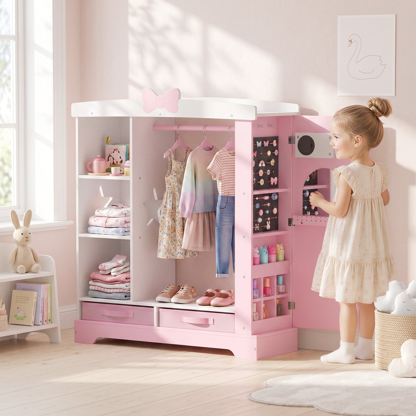 AIYAPLAY Kids Wardrobe With Lighted Mirror Pink Storage Cabinet For Bedroom