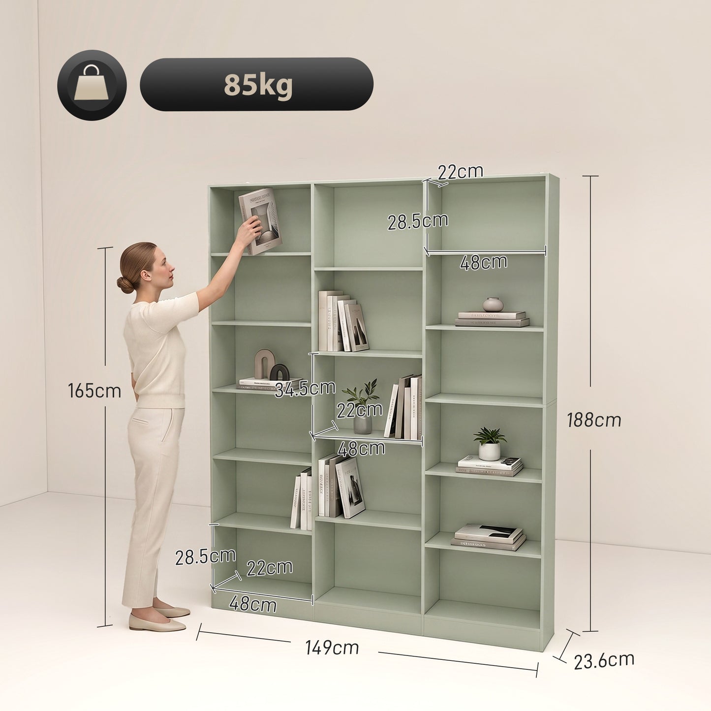 HOMCOM Six Tier Bookcase With Open Storage And Anti Tipping Hardware Adjustable Shelves In Light Green