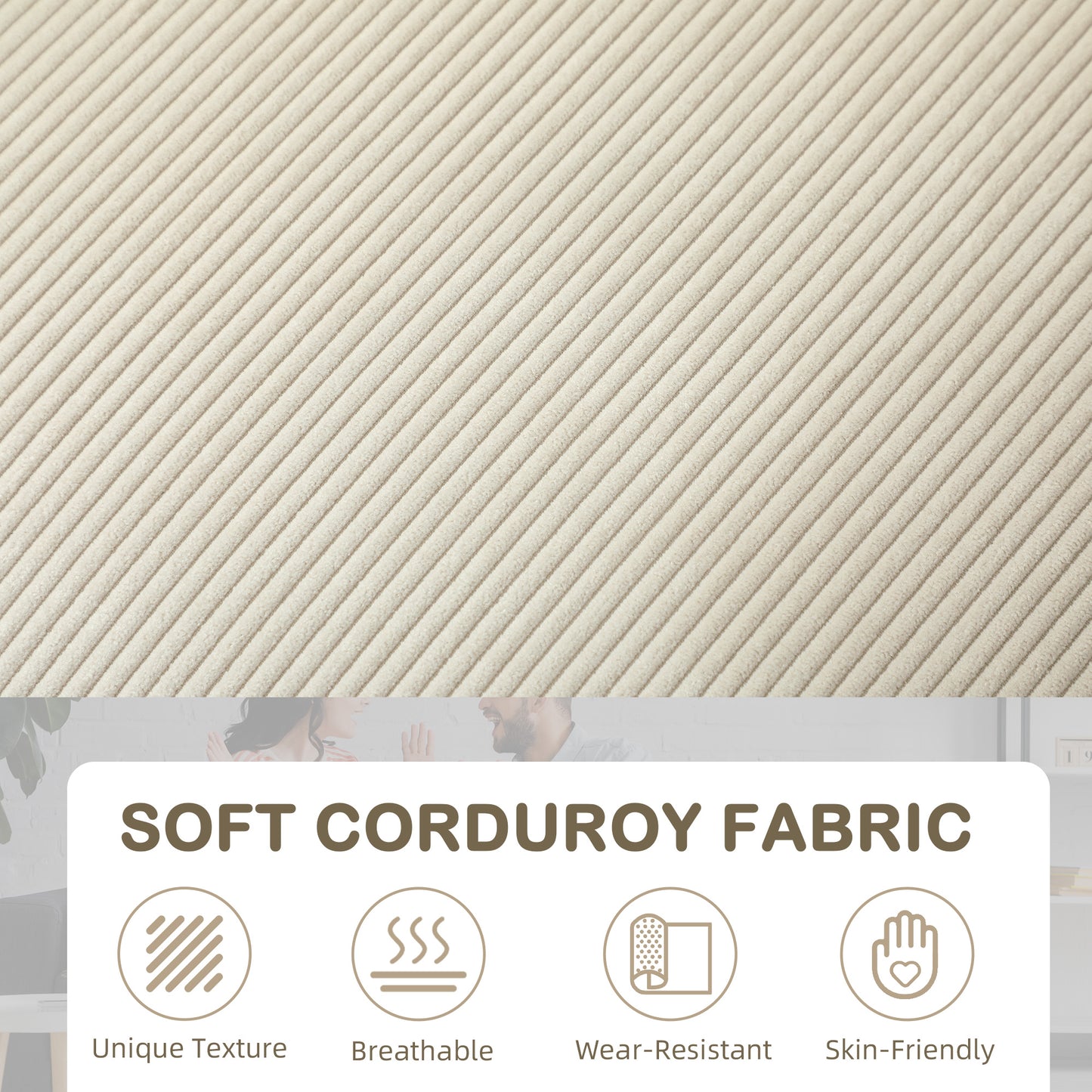 HOMCOM Three Seater Corduroy Sofa Cream White With High Density Foam Cushions And Spring Pack For Everyday Comfort
