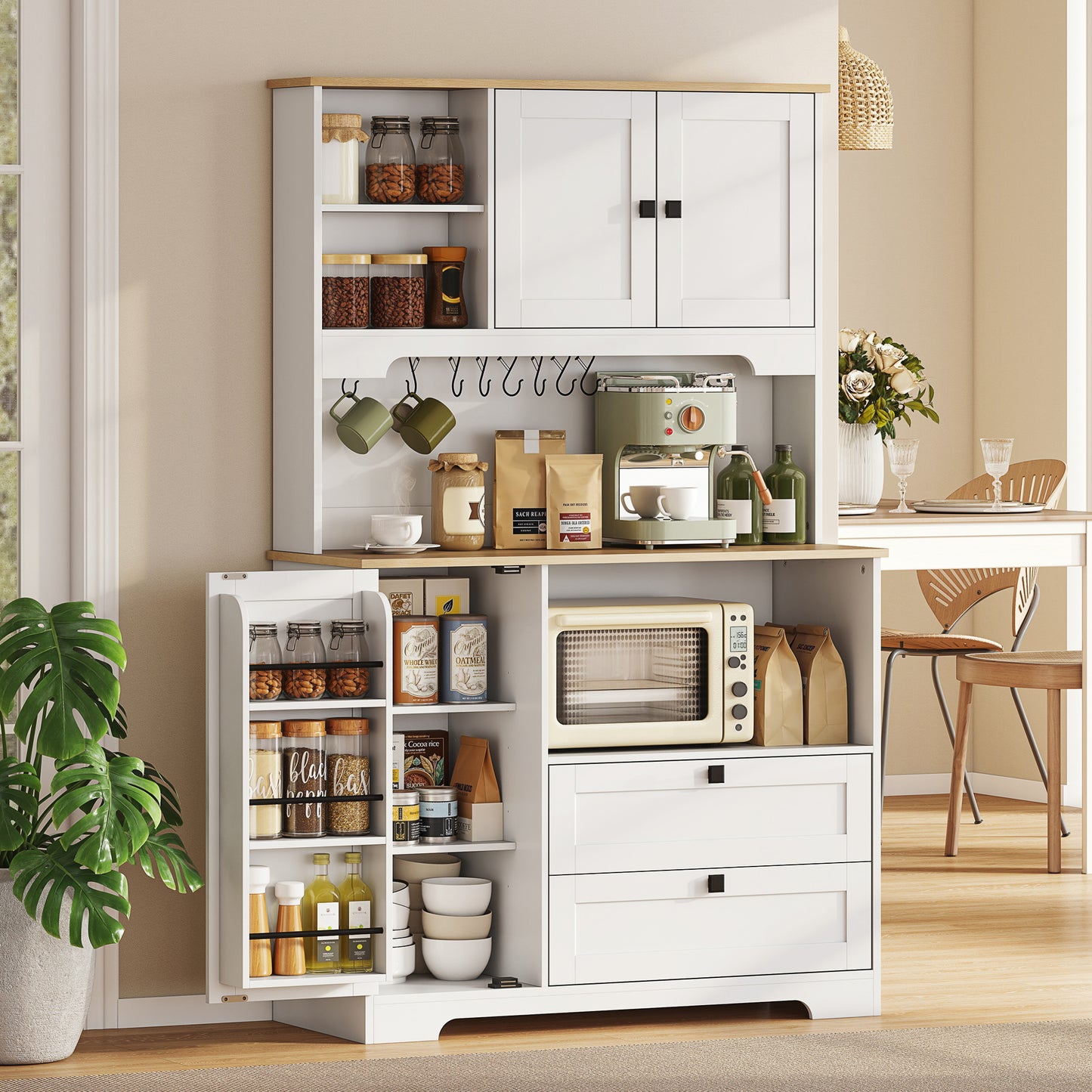 HOMCOM Freestanding Kitchen Cabinet With 2 Cabinets, 2 Drawers, Open And Adjustable Shelves, White