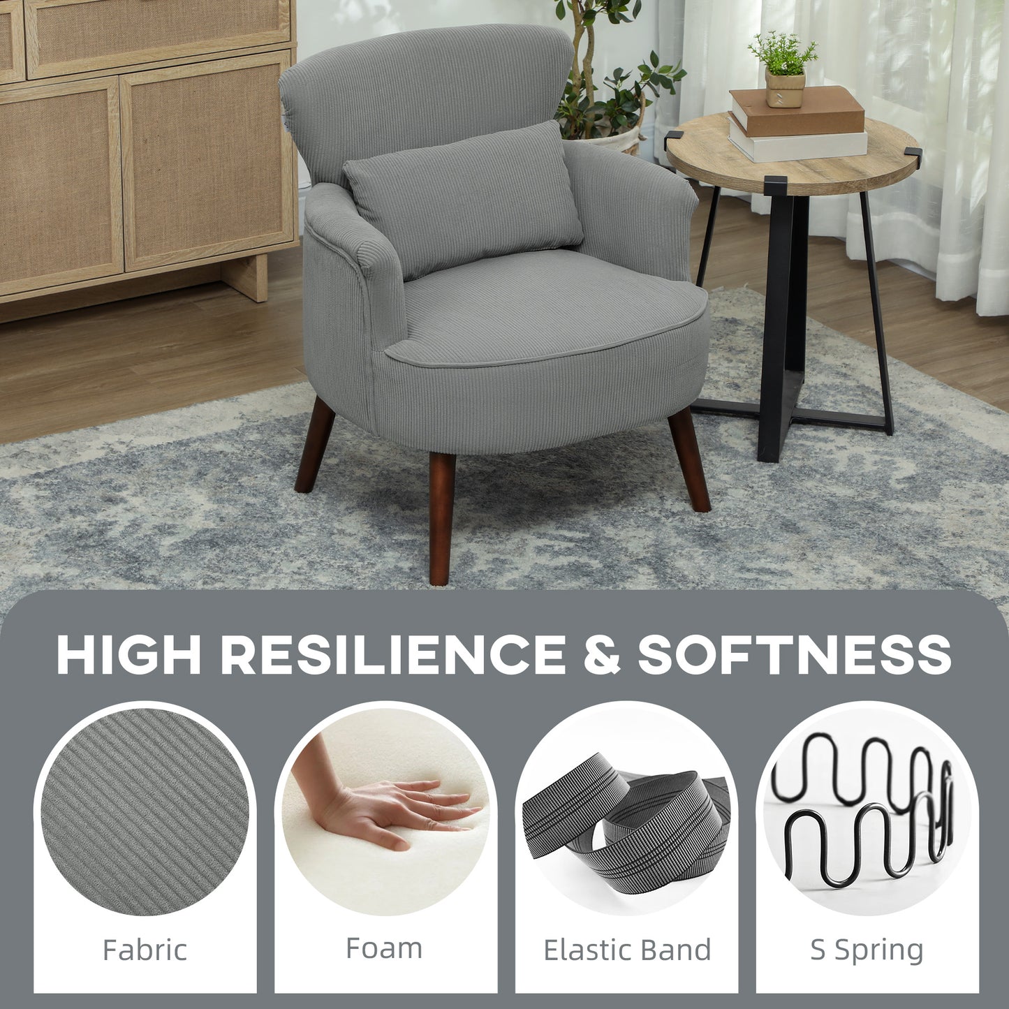 HOMCOM Corduroy Retro Wingback Accent Chair For Small Spaces Light Grey With Soft High Density Foam Padding