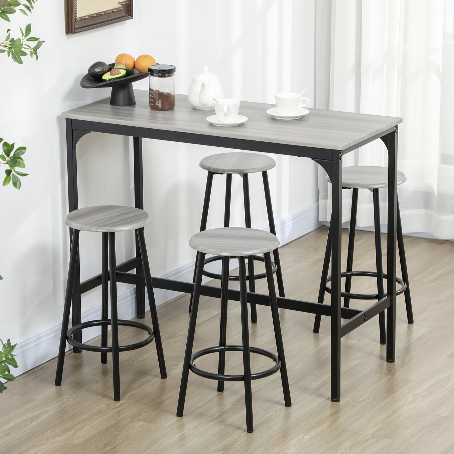 HOMCOM Five Piece Industrial Style Bar Table Set With Four Stools In Grey And Black Kitchen Breakfast Bar