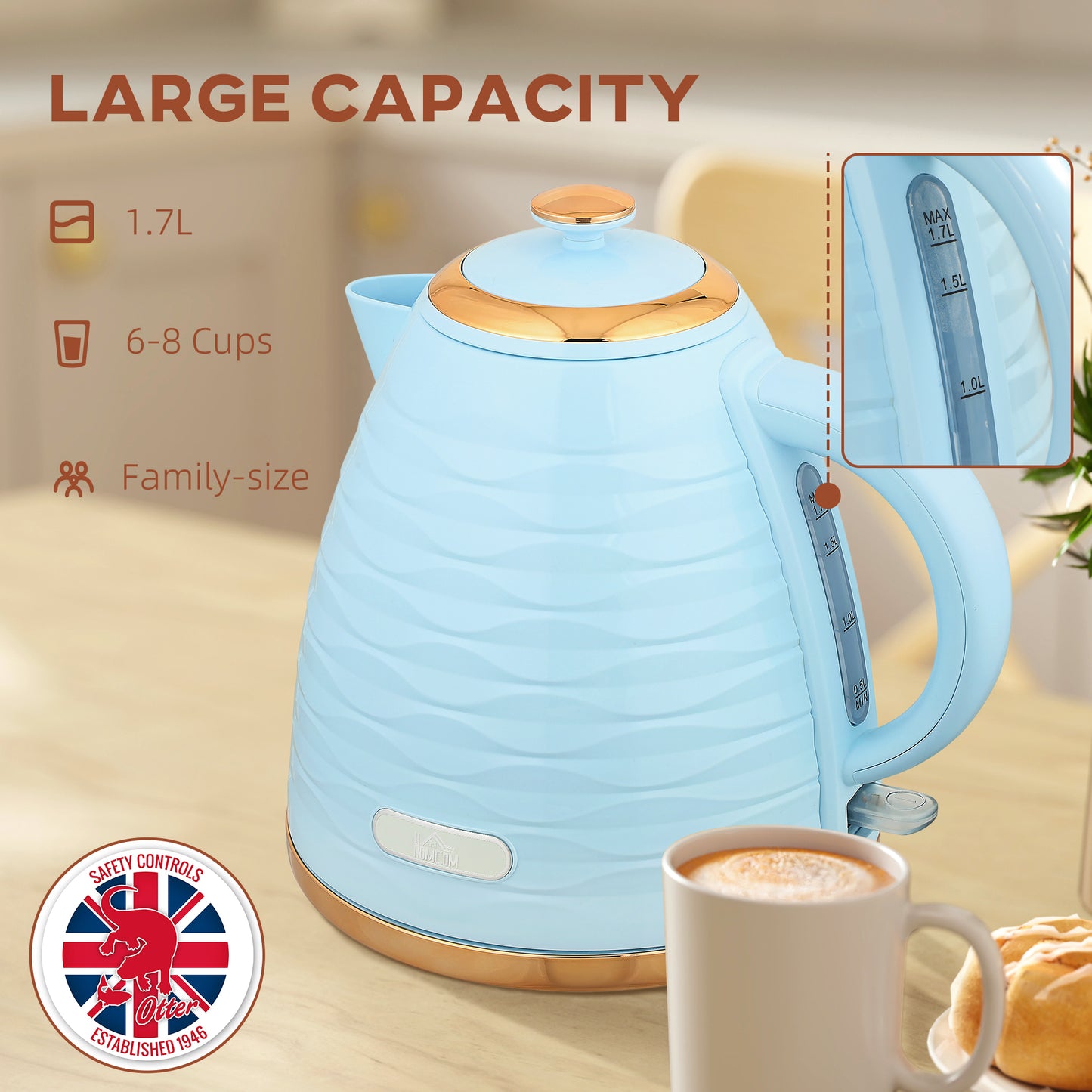 HOMCOM 3kW Rapid Boil Honeycomb Kettle Light Blue With Boil Dry Protection For Fast One Cup Water Heating In 42 Seconds