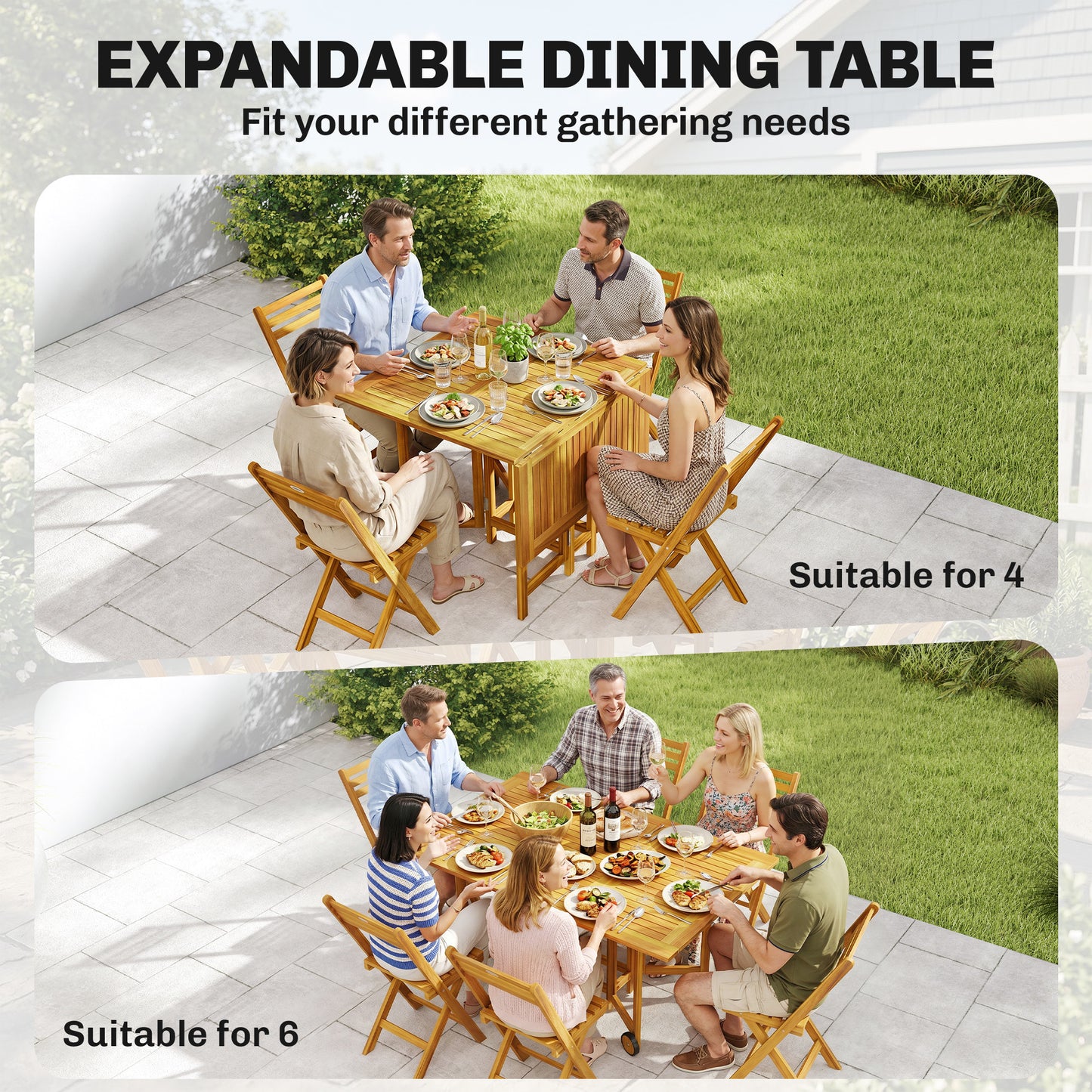 Outsunny 7 Piece Garden Dining Set Extending Table And Six Folding Chairs With Umbrella Hole For Patio Natural Wood