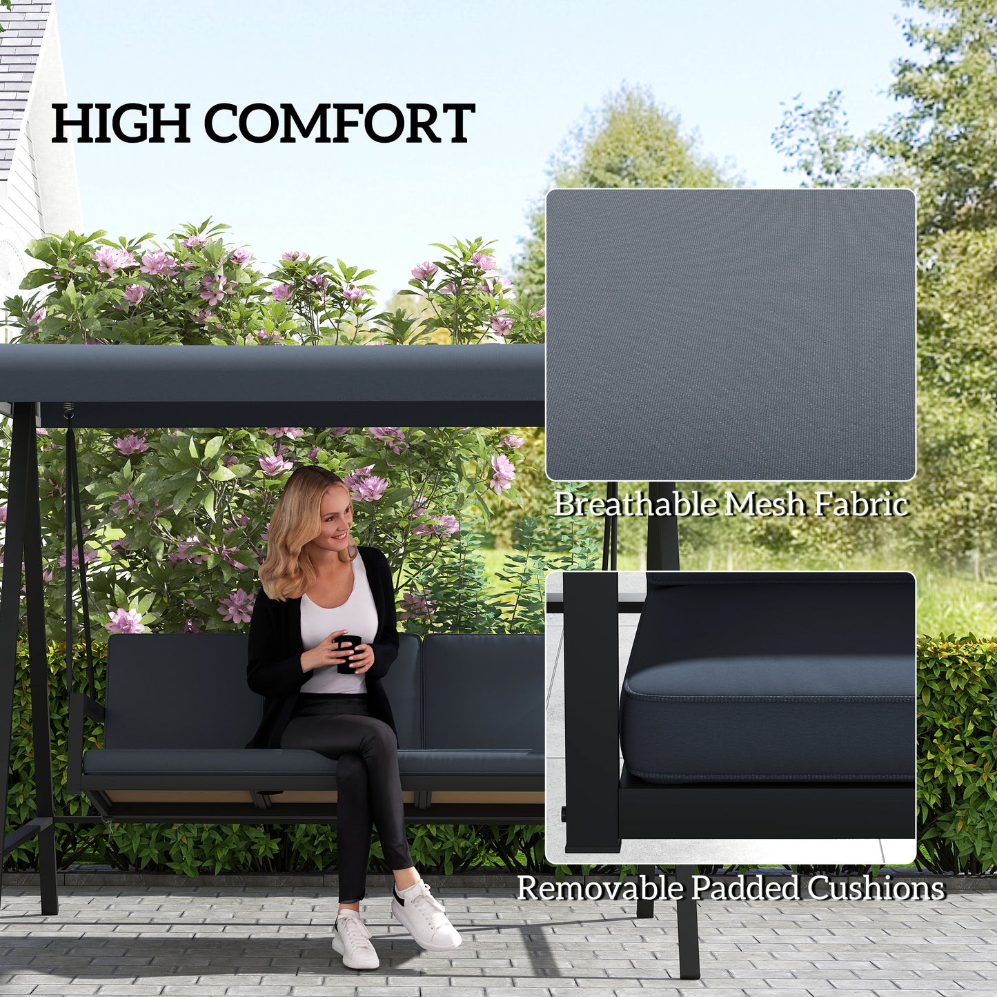 Outsunny Three Seat Garden Swing Chair with Adjustable Canopy Dark Gray Outdoor Patio Cushioned Bench for Three People