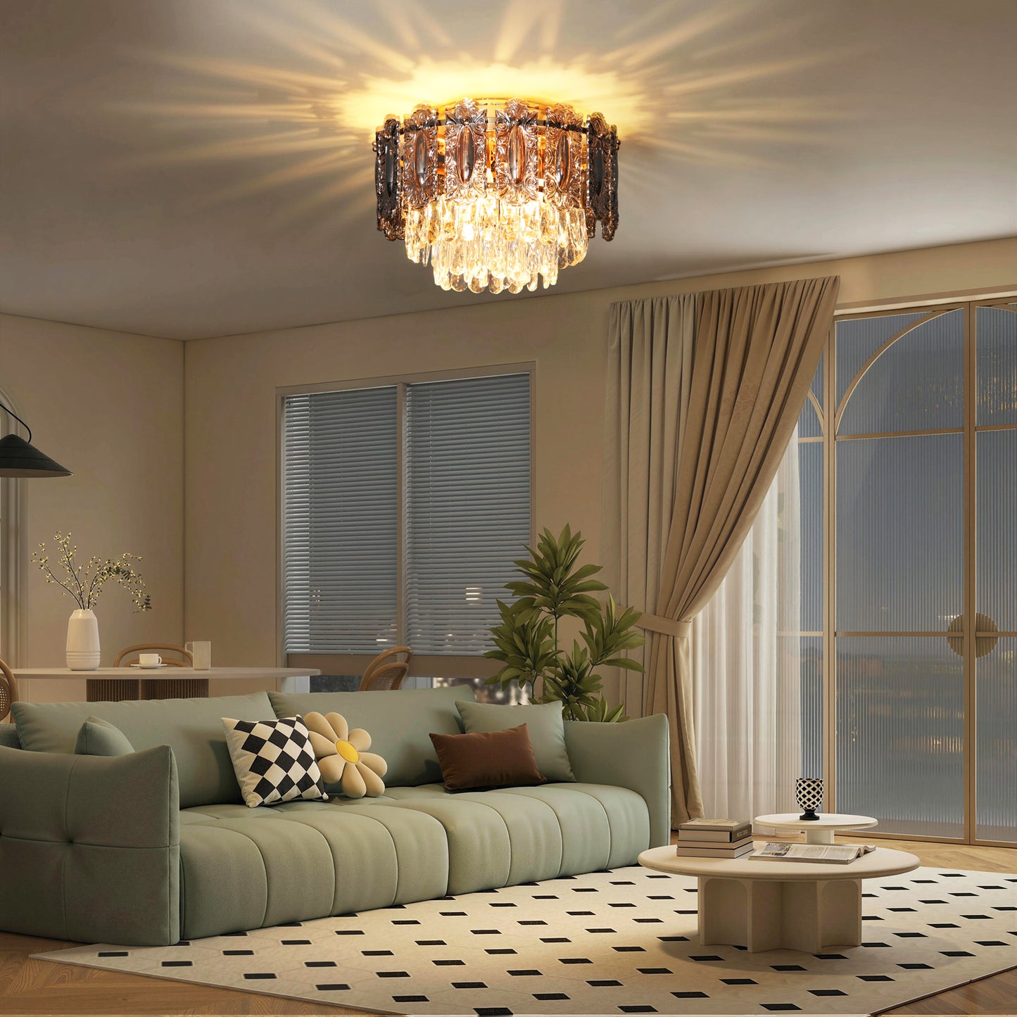 HOMCOM Chandelier Ceiling Light 3 Light Flush Mount LED Fixture With Dual Crystal And Smoke Glass Shade Gold Tone