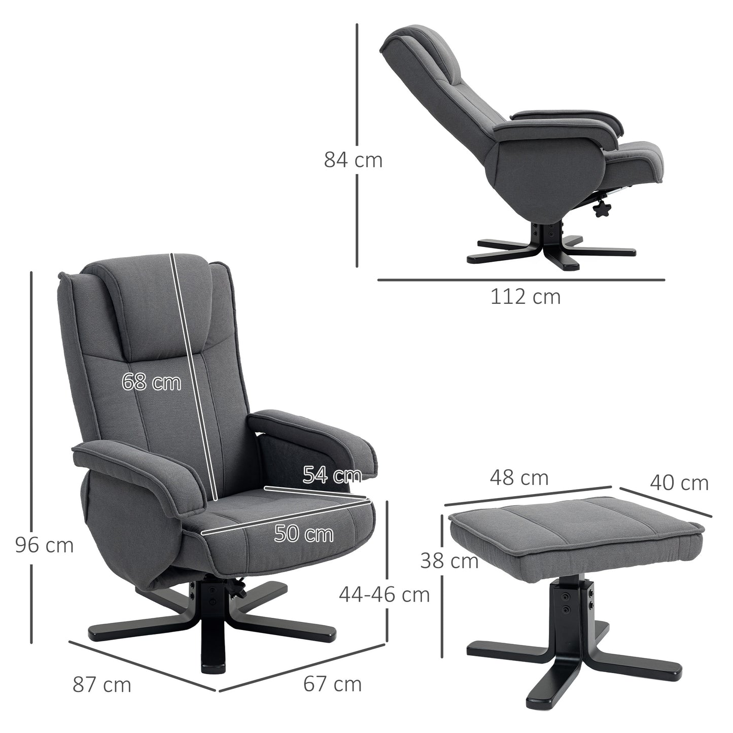 HOMCOM Charcoal Grey Velvet Swivel Recliner Chair With Footstool 135 Degree Recline For Living Room
