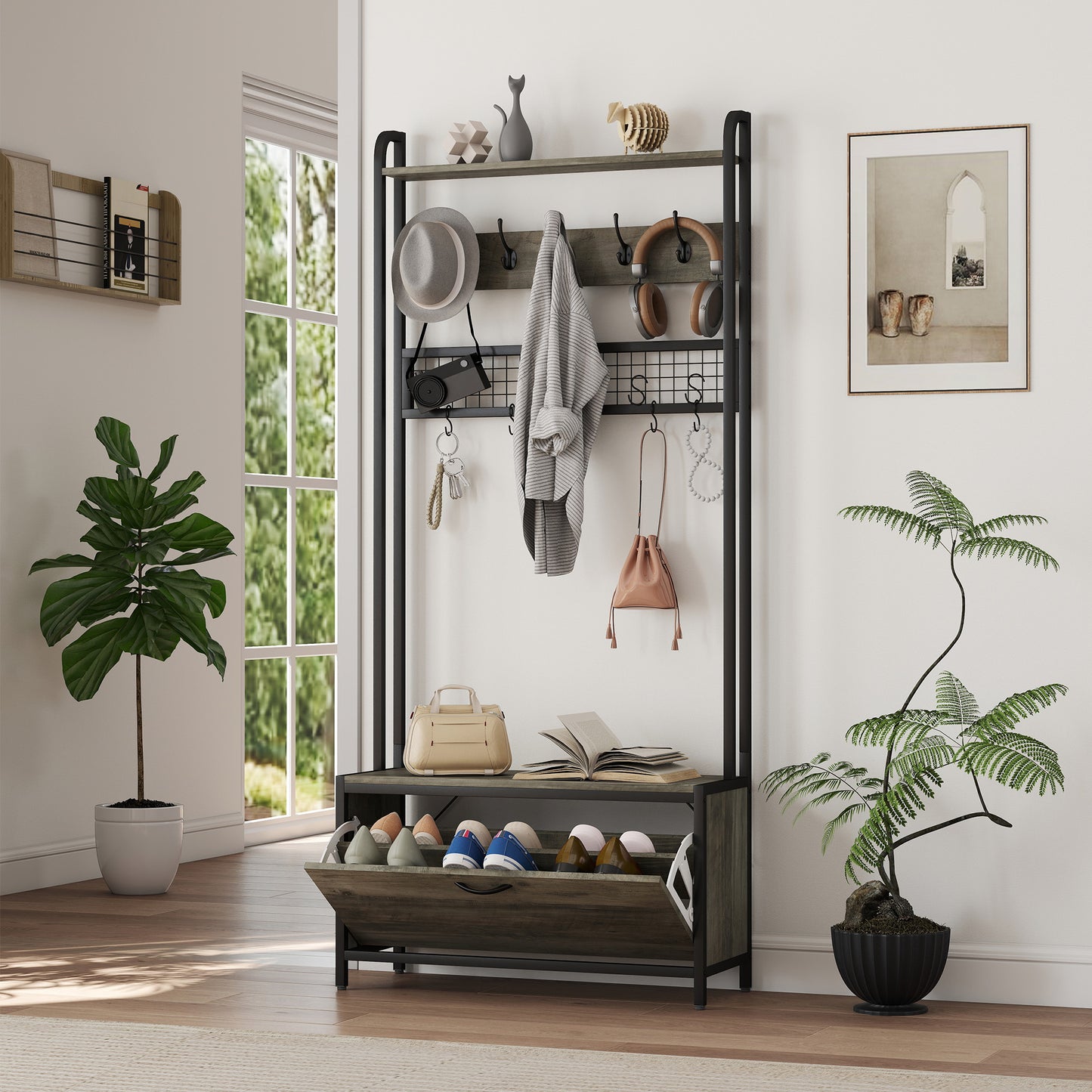 HOMCOM 5 In 1 Industrial Style Hallway Tree Grey Black Coat Rack Bench And Shoe Storage