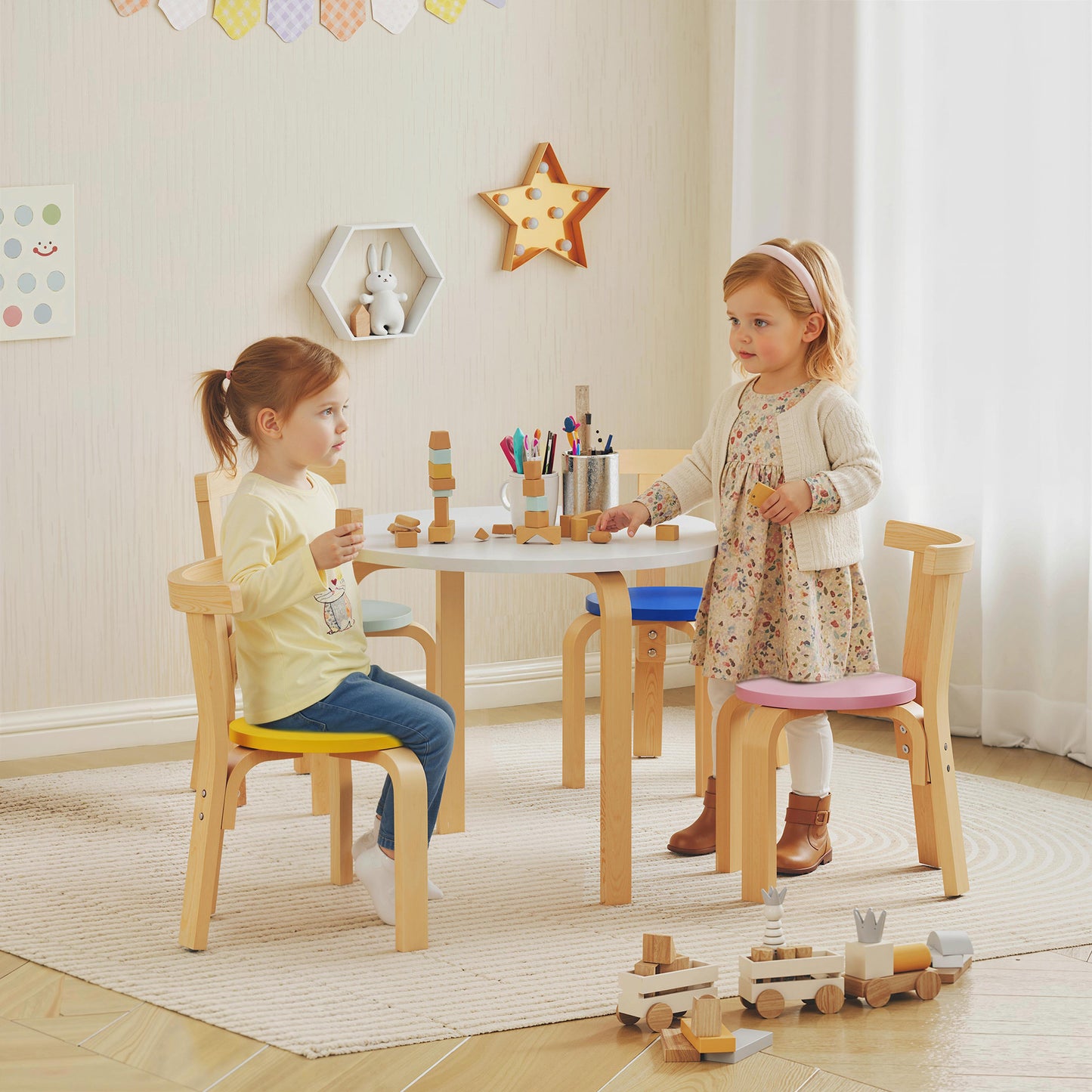 AIYAPLAY 5 Piece Kids Table and Chairs Set Toddler Table and Chairs Set for Nursery Playroom Classroom Ages 3 to 8