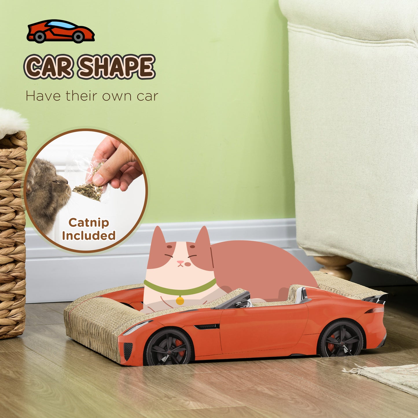 PawHut Car-Shape Cat Scratcher and Cozy Bed with Catnip - ALL4U RETAILER LTD